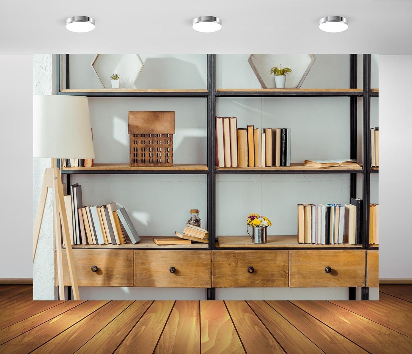 BELECO 8x6ft Fabric Living Room Bookshelf Backdrop Empty Room with Bookcase, Zoom Calls Video Recording Background Home