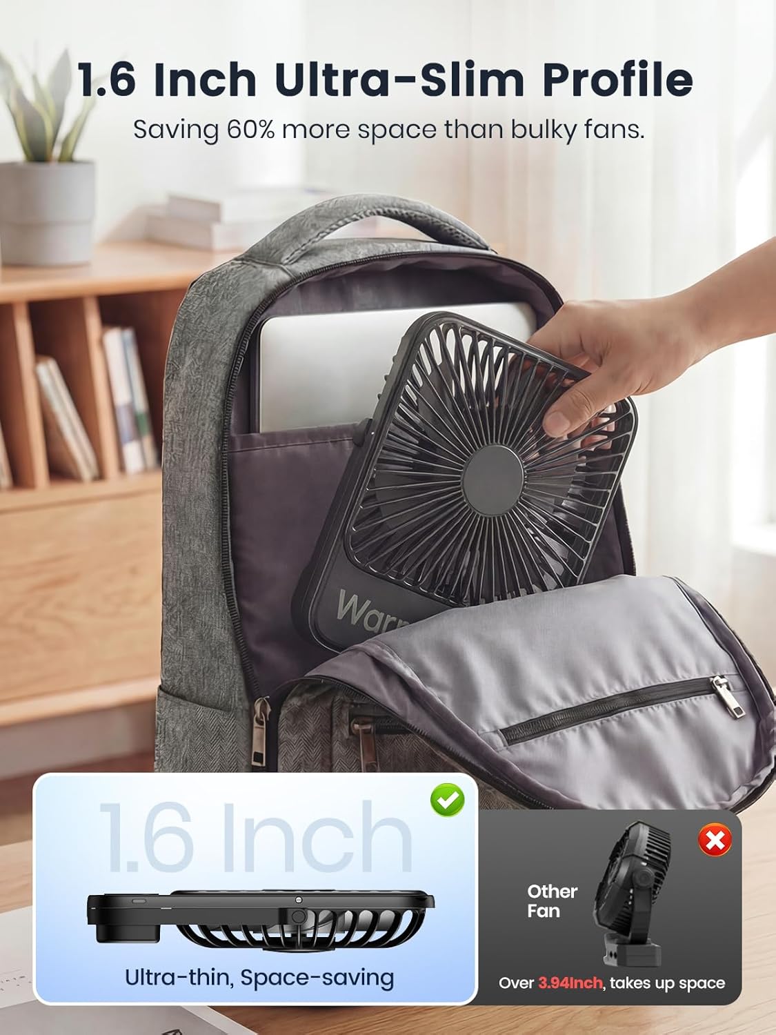Warmco 10000mAh Portable Travel Fan - 7-Inch Ultra-Thin, Quiet & Rechargeable with 24H Runtime | Ideal for Camping, Office & Bedroom