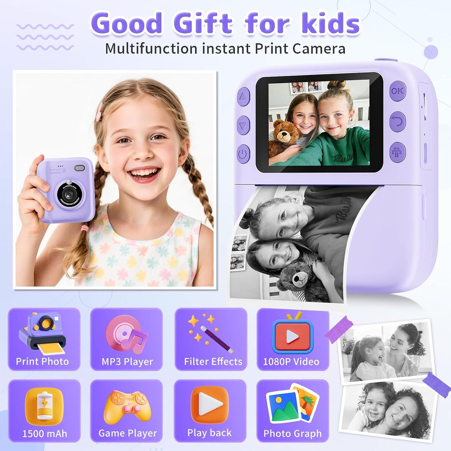 Yusuuo 1080P 4 5 6 7 8 9 10 32GB Instant Print Camera for Kids, Christmas Birthday Gifts for Girls Boys, Instant