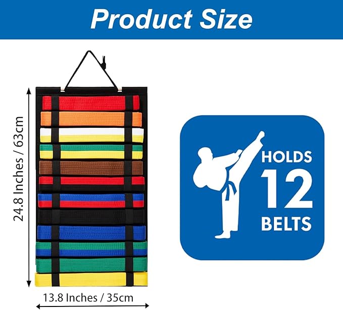 Karate Belt Display Rack 12 Belts Holder, High-Density Felt Fabric Taekwondo Belt Display with Reinforced Elastic LoopsTaekwondo, Martial Arts Belt Display Wall Mount Felt Foldable