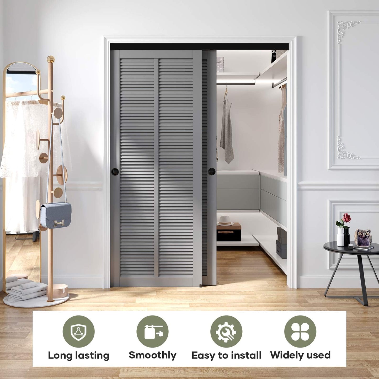 EaseLife 5FT/60in Bypass Double Sliding Pocket Door Hardware Kit,Aluminum,Commercial Grade,Bypassing Closet Door Track,Slide Smoothly Quietly,Easy Install,Black