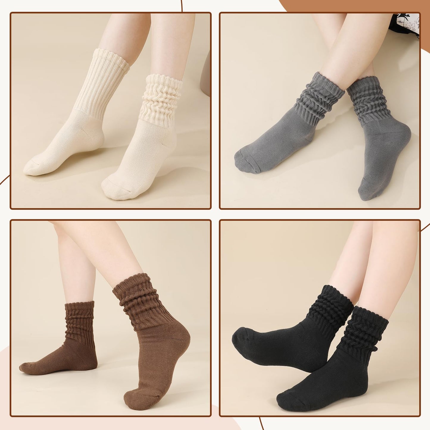 Jspupifip 6 Pairs Slouch Socks for Woman Scrunch Socks Knit Mid Calf Rib Tube Scrunchy Slouchy Retro Trendy Crew Socks