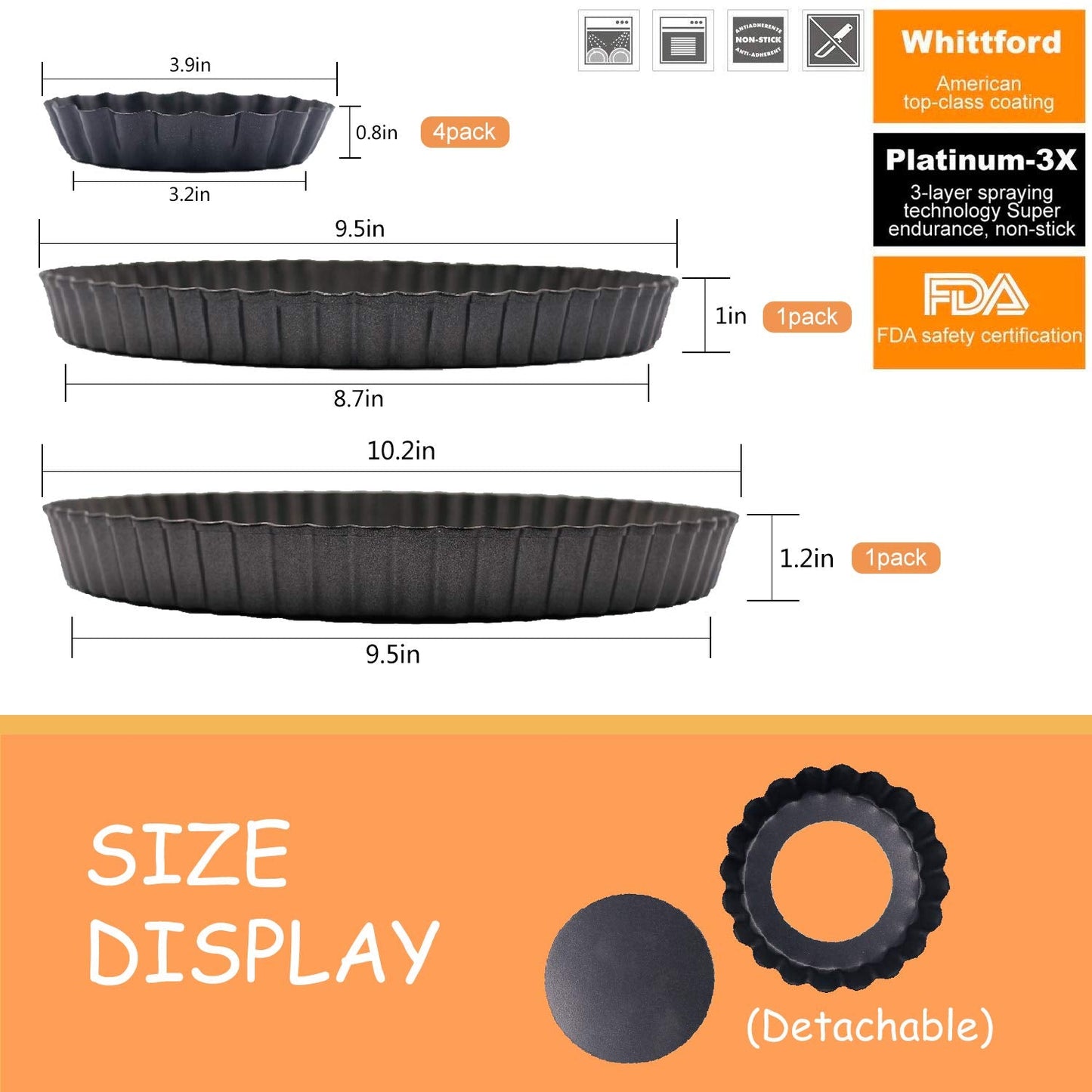 IAXSEE 10 Inch,9.5 inch and 4 Inch 4 Pack Round Tart Pan with Removable Bottom Quiche Pan Non-Stick Baking Dish Pan Carbon Steel Pie Tart for Kitchen Cooking Baking