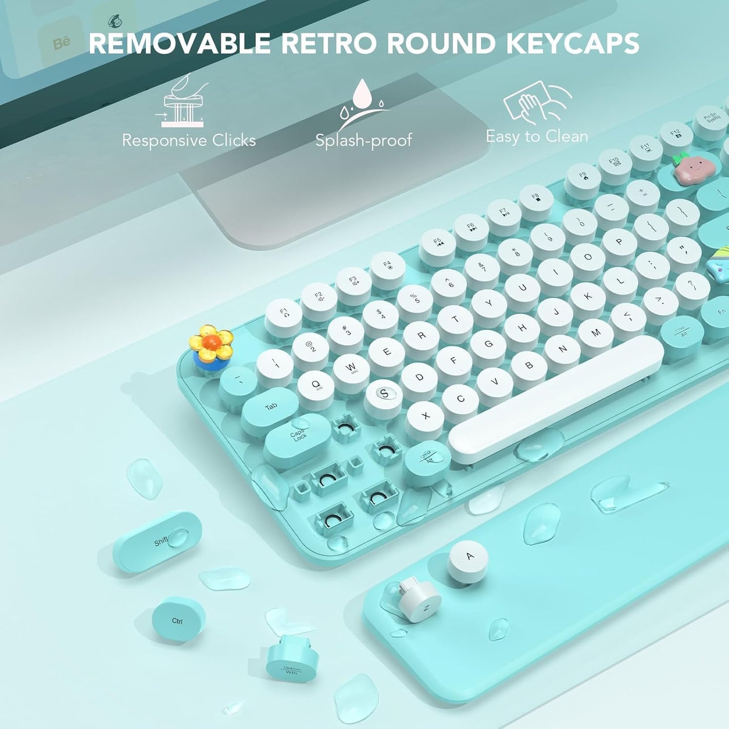 SABLUTE 2.4GHz Wireless Keyboard, Round Keycaps, Retro Typewriter Keyboard with Detachable Wrist Rest, Sleep Mode