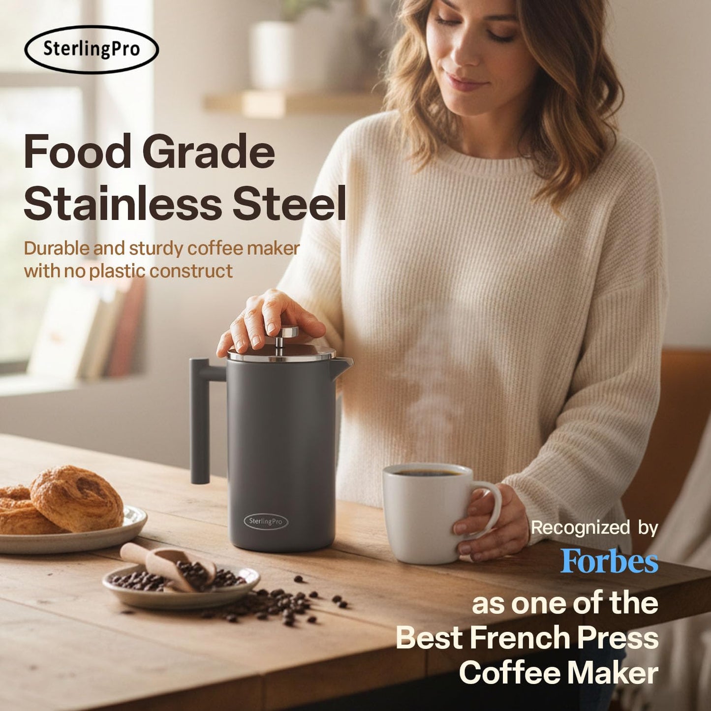SterlingPro 1.75 L 59 oz Grey Extra Large French Press Coffee Maker and 6 Pack Replacement Screens Bundle Stainless Steel Double Wall Insulated for Tea and Coffee