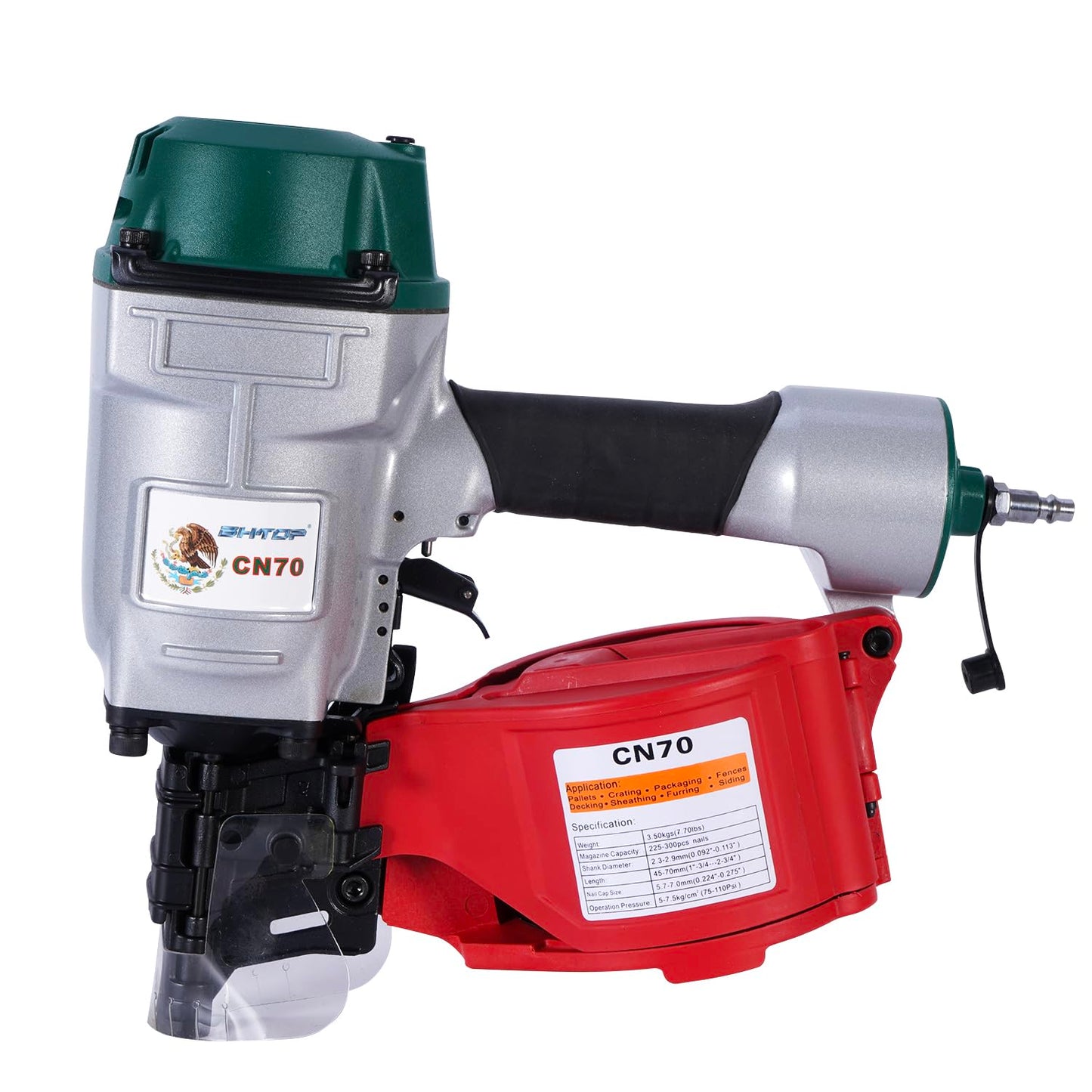 BHTOP Mexican Style CN70 Coil Siding Nail Gun, 15 Degree Pneumatic Siding Nailer, 1-3/4" to 2-3/4" Coil Siding Nailer for Siding Sheathing Wooding Fencing Decking