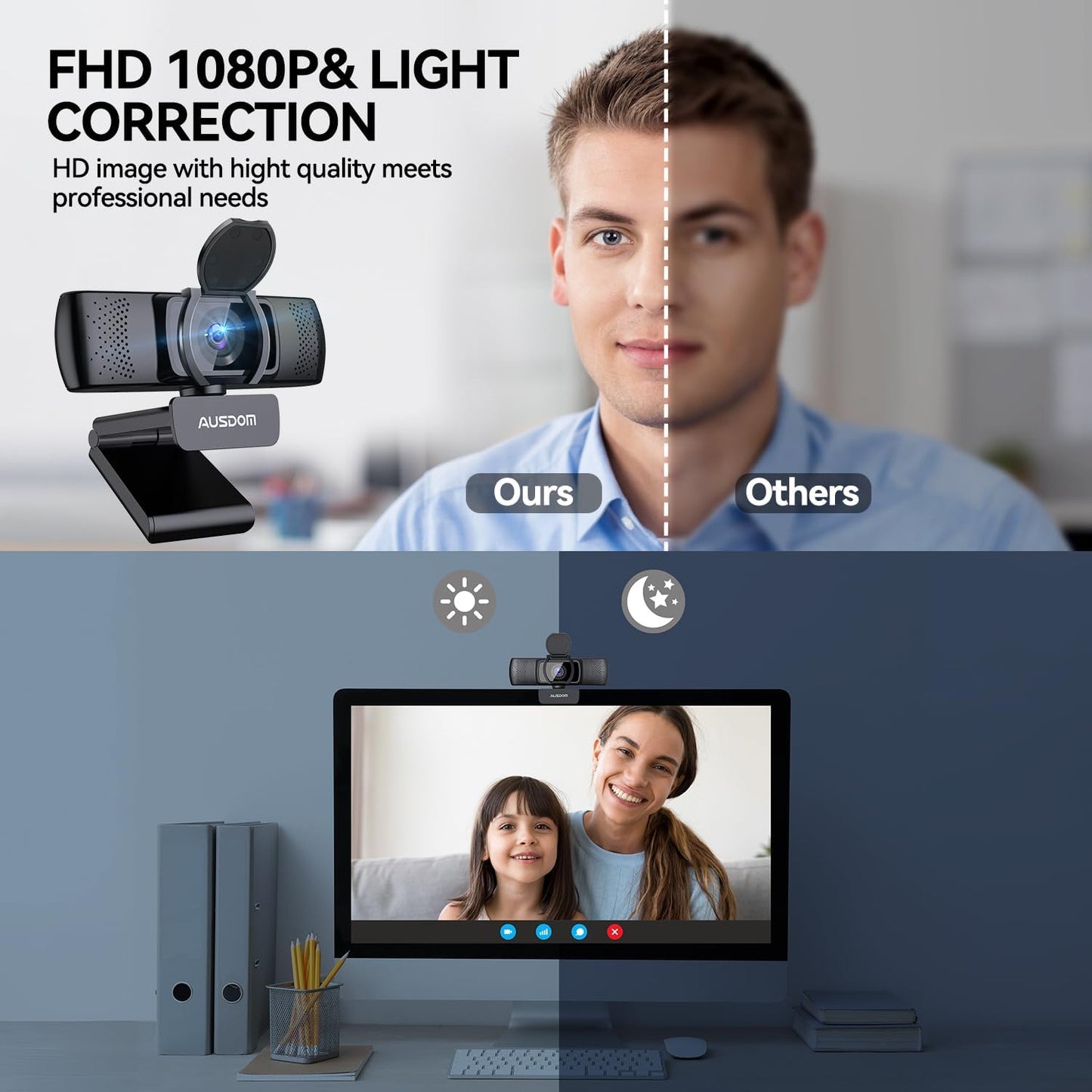 AUSDOM AF640 1080P 90FOV Webcam with Microphone, USB PC Camera Webcam with Privacy Cover, Plug and Play Computer Camera