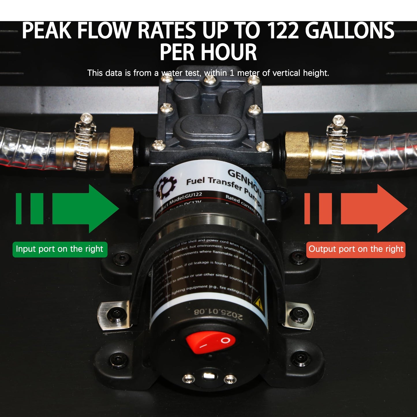 12V 75W Fuel Transfer Pump, Moves Up to 120 Gallons Of Gas or Diesel Per Hour, with High Elastic Fuel Pipe & 2 Power Cables, Great for Vehicles, Boats, Equipment, Gasoline, Diesel