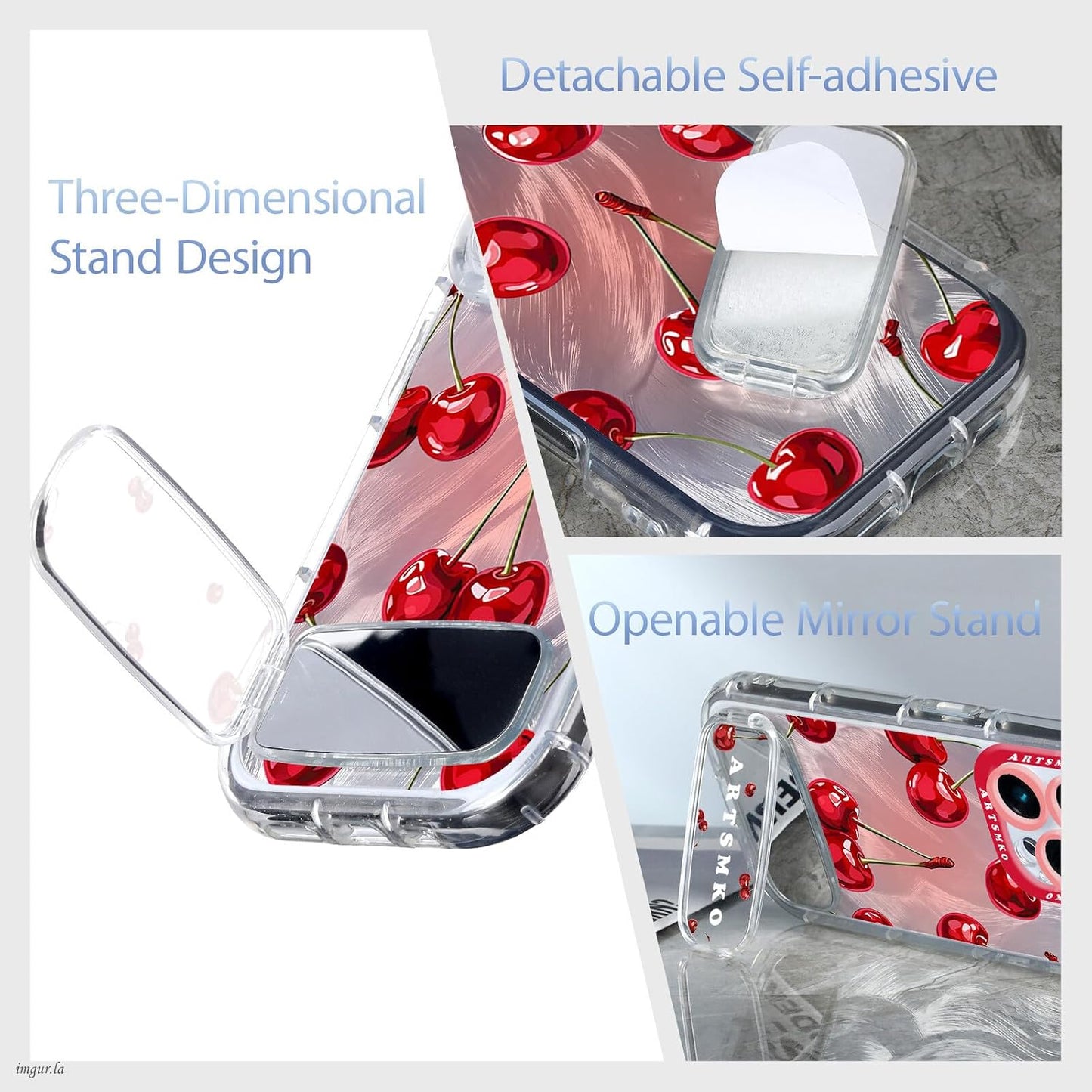 ARTSMKO 11, (11) Super Shiny Cute Red Cherry Phone Case: Fashion Mirror Bracket & Fruit Design Compatible with iPhone