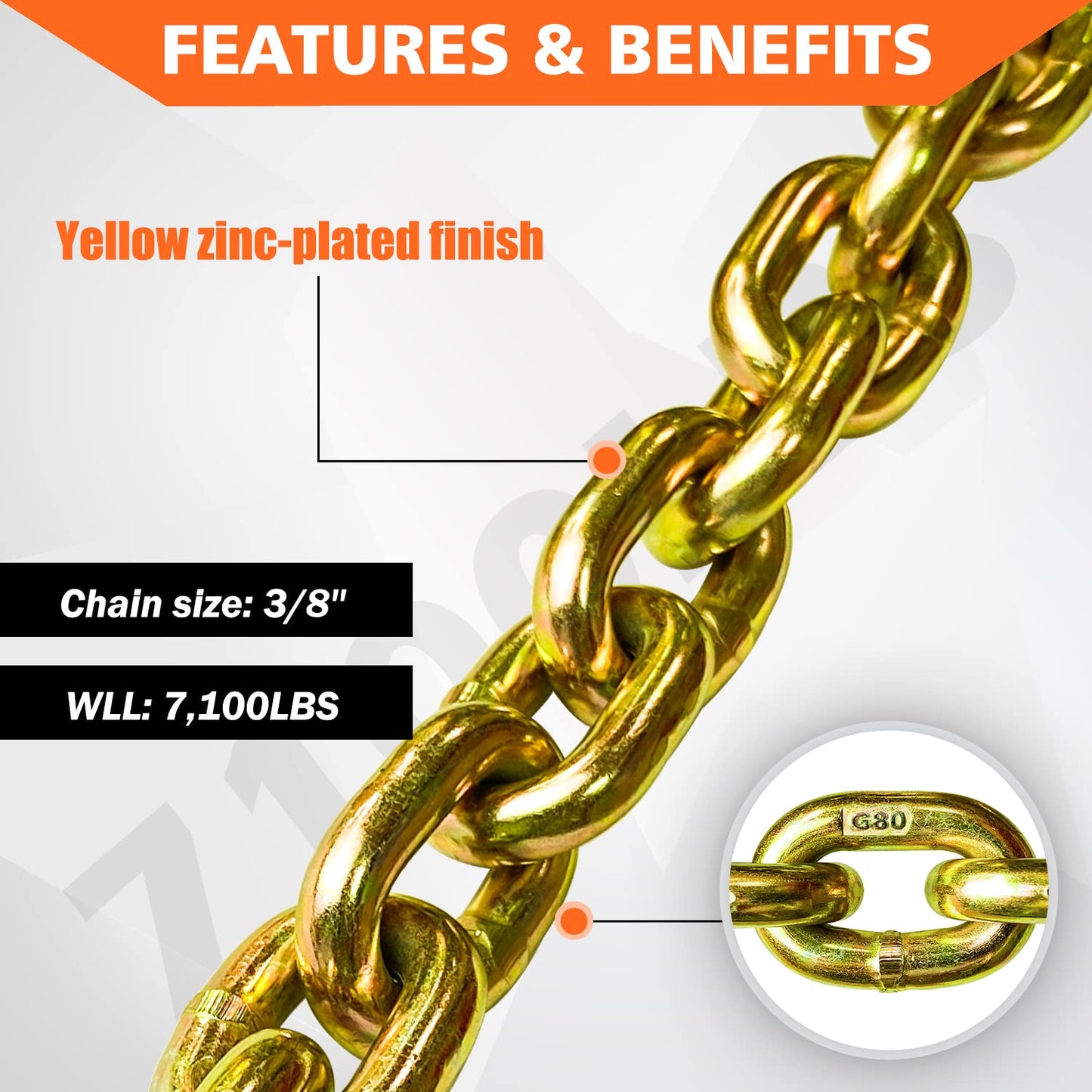YATOINTO G80 Transport Binder Chain 3/8 Inch x 25 Foot Safety/Binder Chain with Clevis Grab Hooks 7,100 lbs Safe Working Load Logging Chain for Transporting Towing Tie Down Binding Equipment