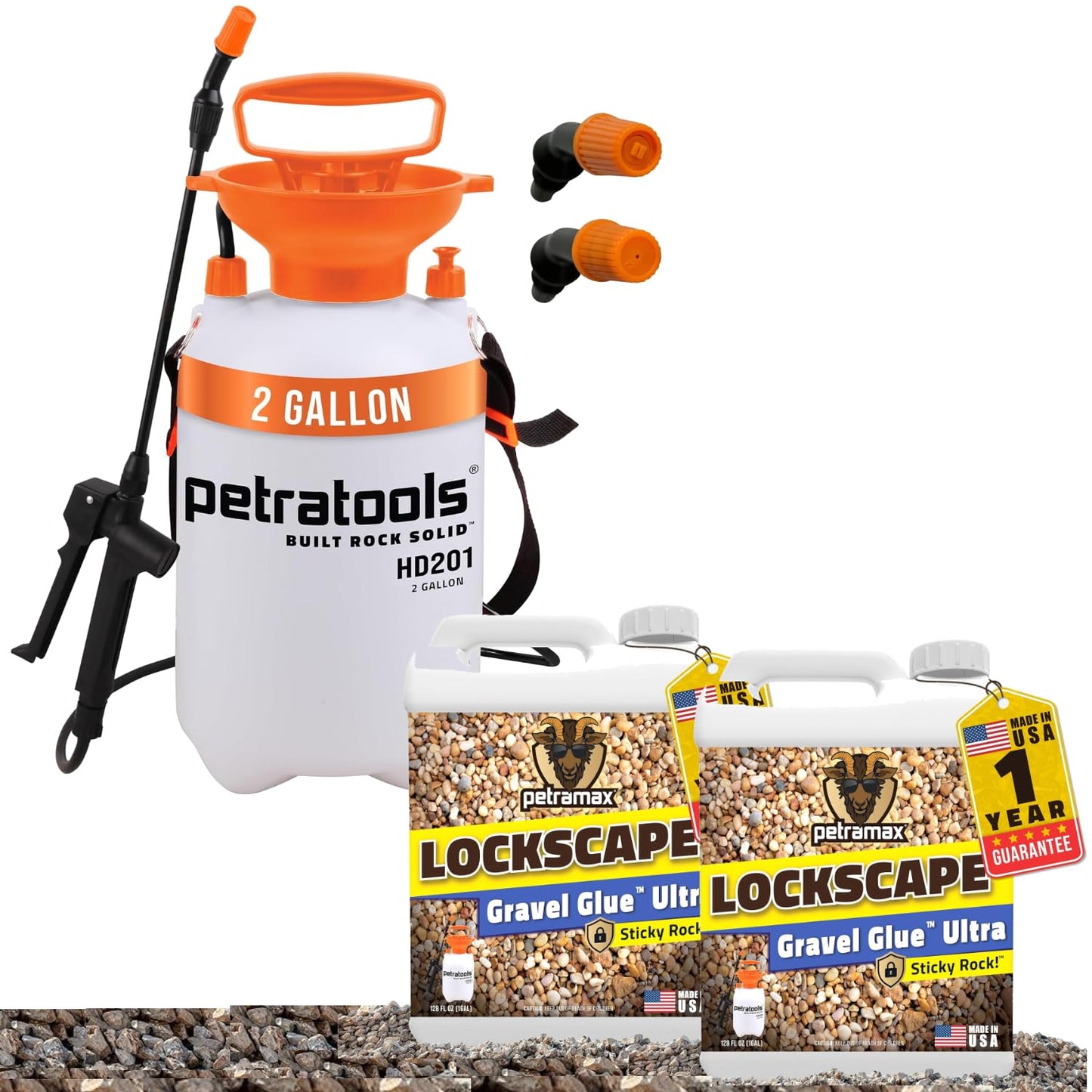Lockscape Gravel Glue Ultra Landscaping Kit – (2 Pack) 1 Gallon Rock Glue for Gravel & Pebbles with Petratools HD201 2 Gallon Pump Sprayer, Stone Stabilizer for Walkways, Garden Beds & Landscape Rock