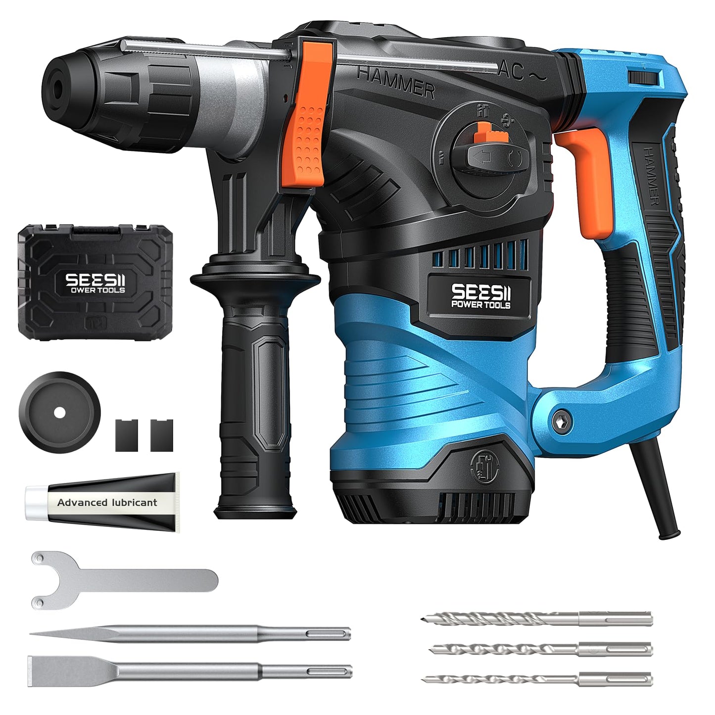Seesii Heavy Duty Rotary Hammer: 13 Amp 1-1/4" SDS-Plus Demolition Hammer Drill for Concrete, Brick & Stone, 6J Power with 4 Functions, Safety Clutch & Reduced Vibration, with Drill Bits and Chisels