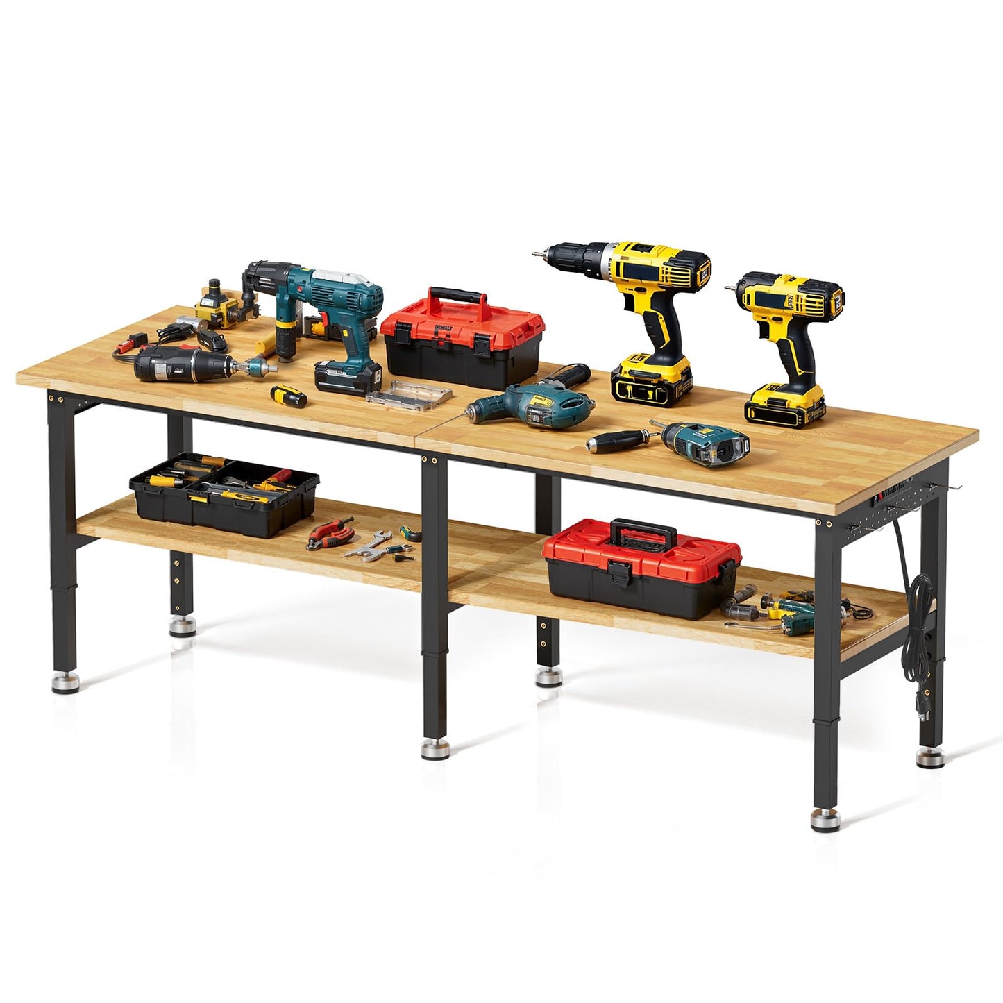 96” Adjustable Work Bench, 2-Layer Heavy Duty Workbench, 6000 LBS Capacity Workbench with Pegboard & Power Outlet, Rubber Wood Work Table for Garage, Office, Workshop, Home