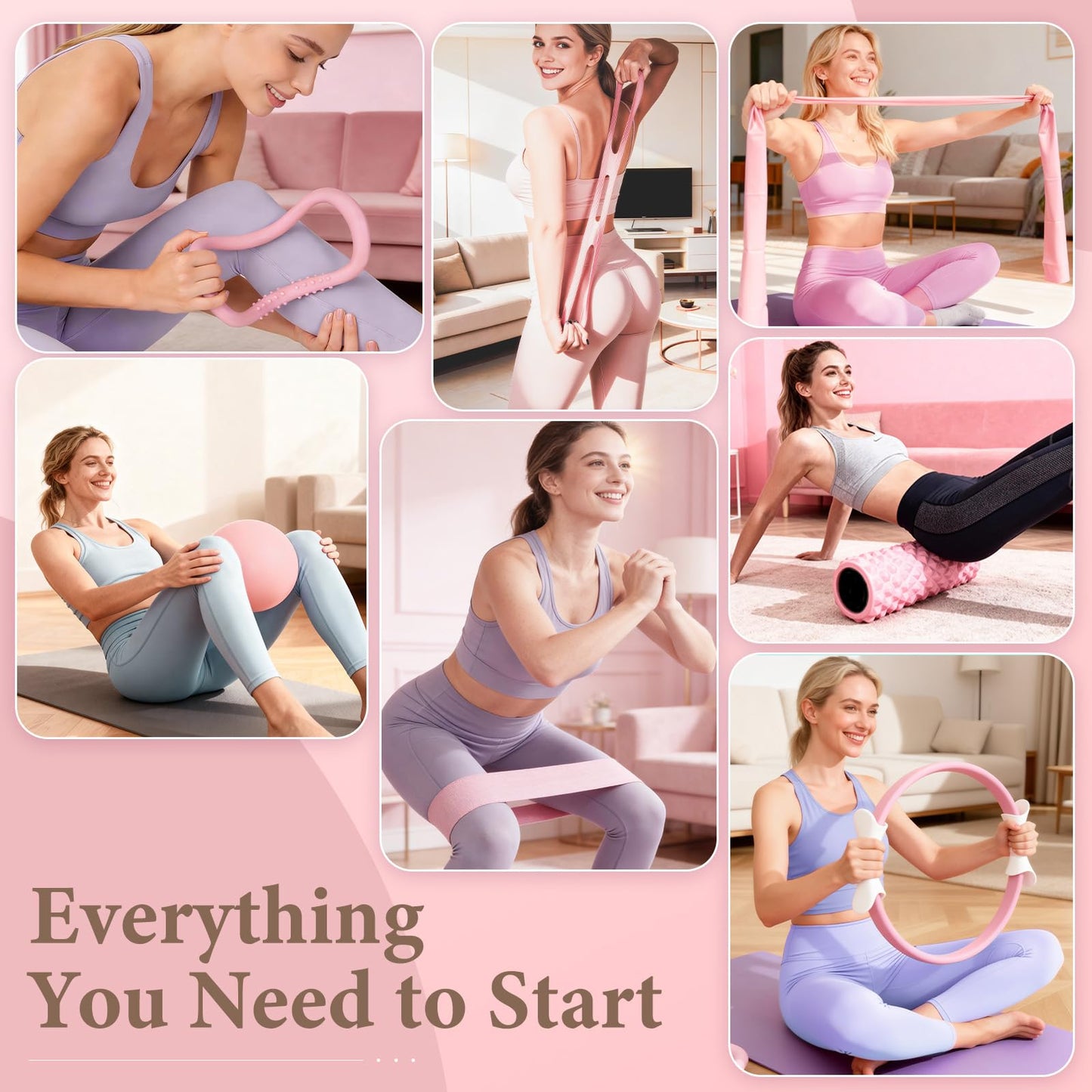 LZCDUDU Pink Pilates Ring Kit with 14 inch Magic Circle & Foam Roller, Ergonomic Home Workout Equipment Set, Full Essentials for Women Beginners - Includes Exercise Guide & Storage Bag