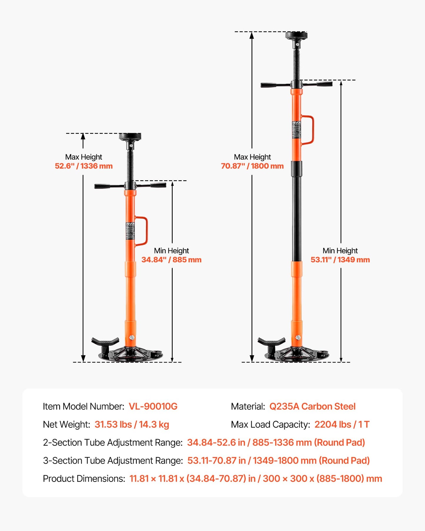 VEVOR Underhoist Support Stand, 1 Ton (2204 lbs) Capacity Under Hoist Jack Stand with Handle, Adjustable Height, Bearing Mounted Spin Handle, Self-Locking Threaded Screw, Support Vehicle Components