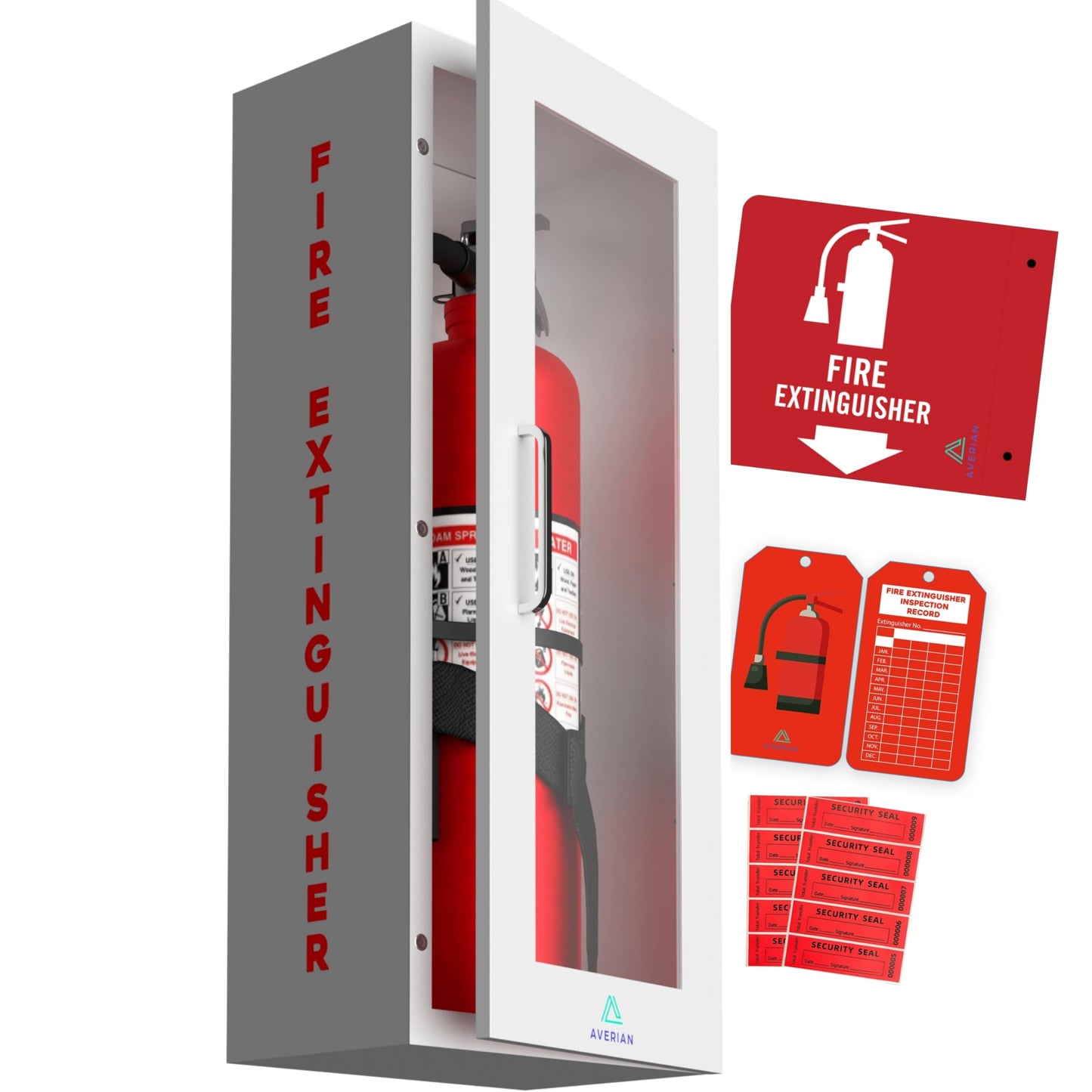 Averian White Fire Extinguisher Cabinet – Heavy-Duty Steel Wall Mount Box with Magnetic Door | Fits 5–10 lb Fire Extinguishers | Complete Fire Box Kit Inside The Package (24.6" H x 10.6" W x 5.9" D)