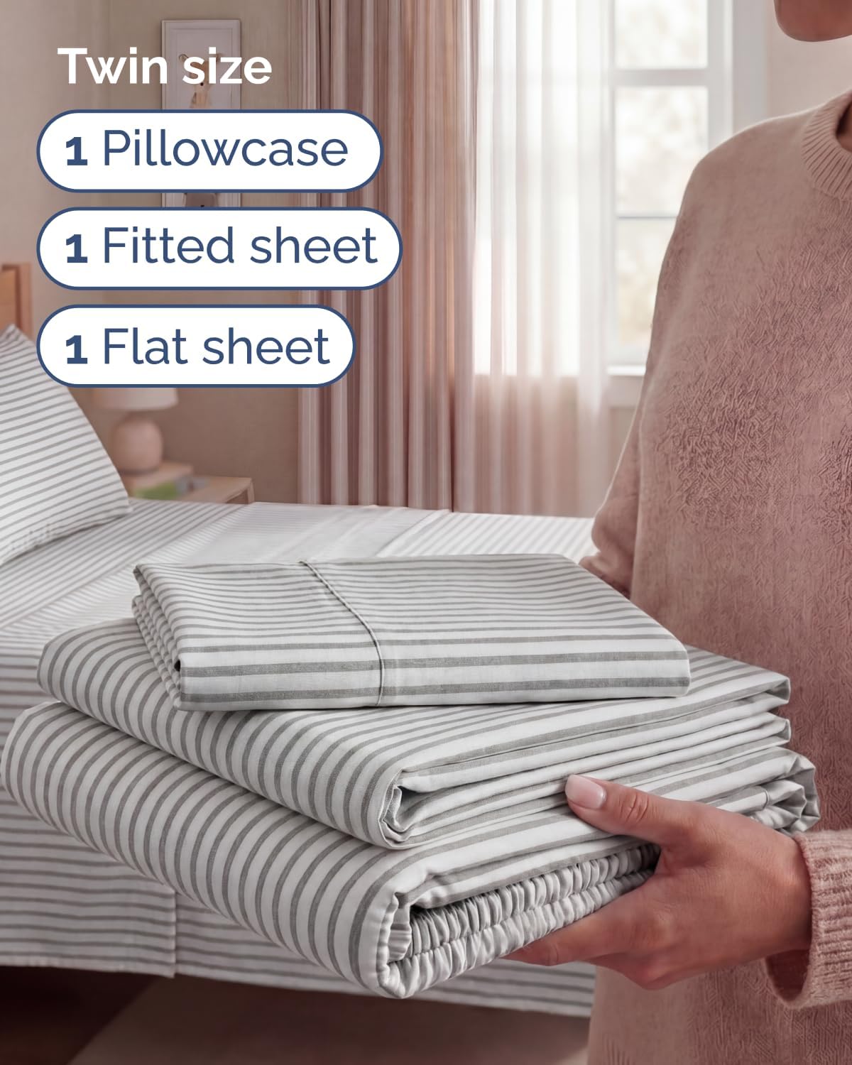 Skiennix Twin Size Sheet Set - Comfy, Breathable & Cooling Bedding - Luxury Hotel Quality - Grey Stripes
