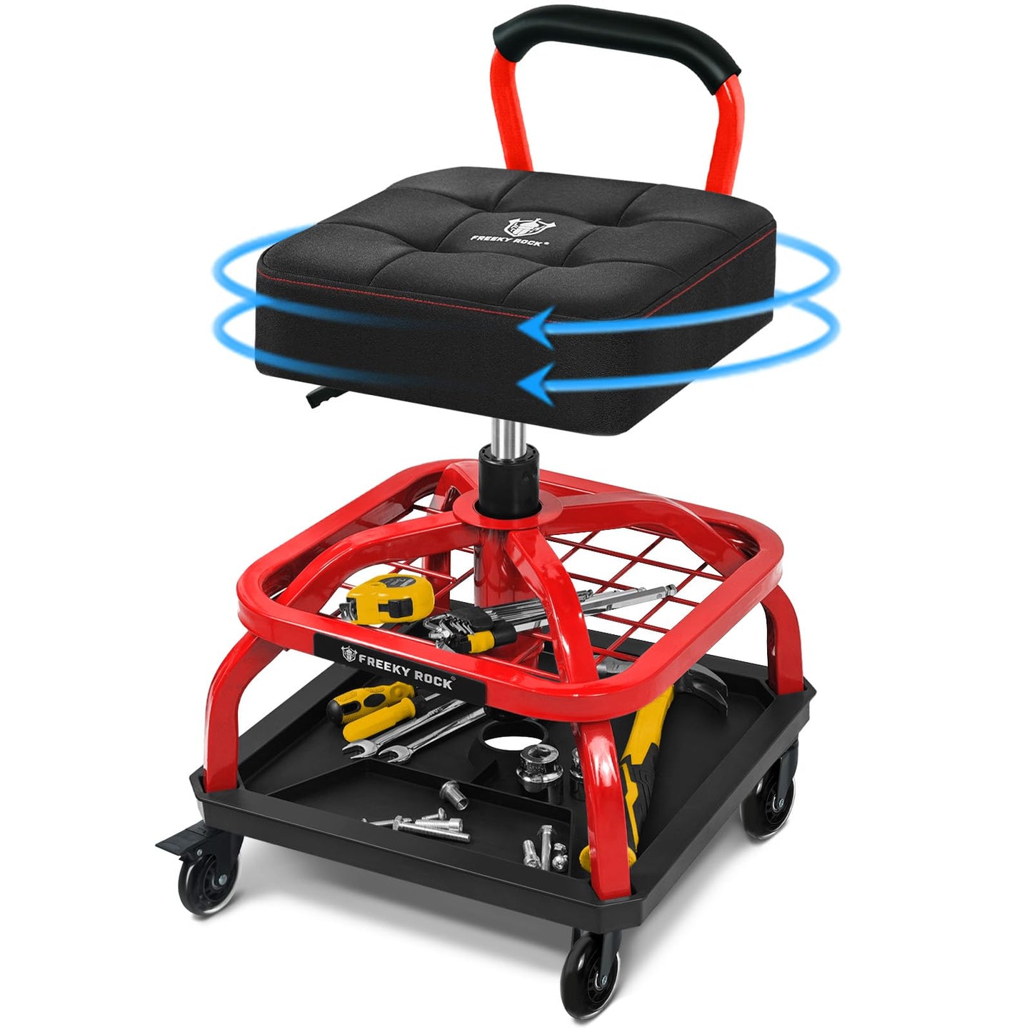 FREEKYROCK Rolling Shop Stool with Wheels, Garage Mechanic Shop Chair with Handle Backrest, Adjustable Height Work Stool, Roller Seat with Tool Tray Storage, Heavy Duty, 330 LBS Capacity, Red