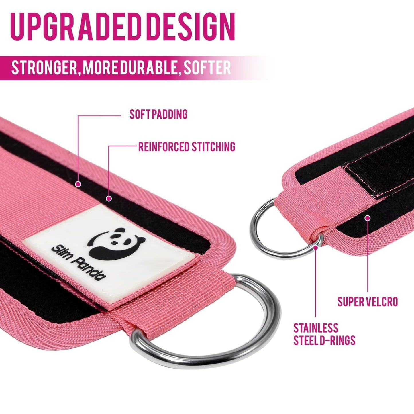 Slim Panda Ankle Strap for Cable Machine,Ankle Cuff for Kickbacks, Booty Hip Abductors,Glute Workouts, Leg Extensions, Curls for Men and Women, Adjustable with Double D-Rings (Pair, Pink)