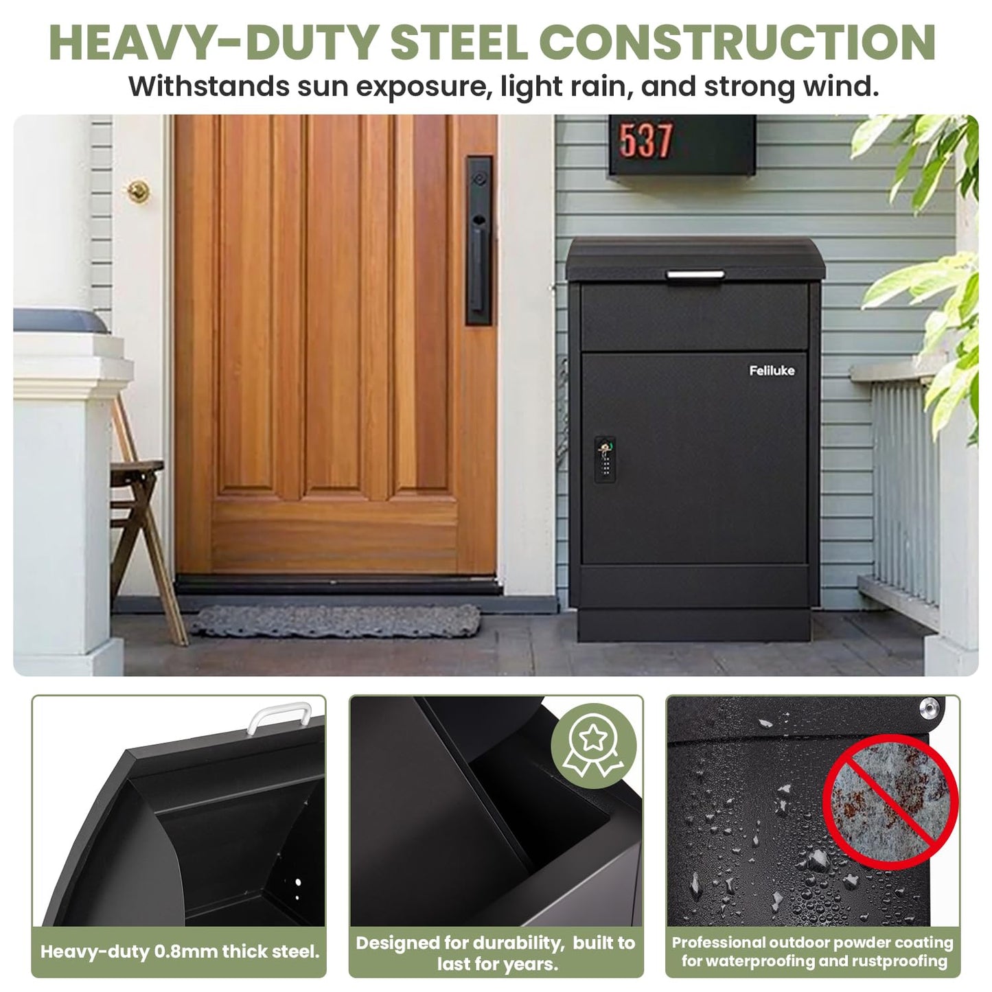 Feliluke Large Outdoor Package Delivery Box, Heavy-Duty Metal Parcel Drop Box, Waterproof & Anti-Theft, Secure Lockable Mailbox for Porch, Curbside & Business Use