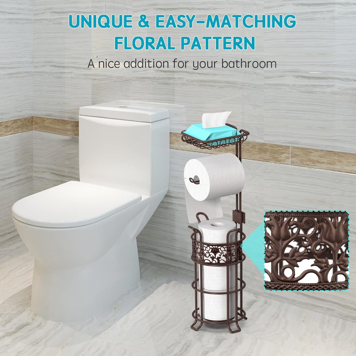 Regine Switzerland Toilet Paper Holder Stand - Sturdy Freestanding Design for 3 Jumbo Rolls | Floral Bronze Red