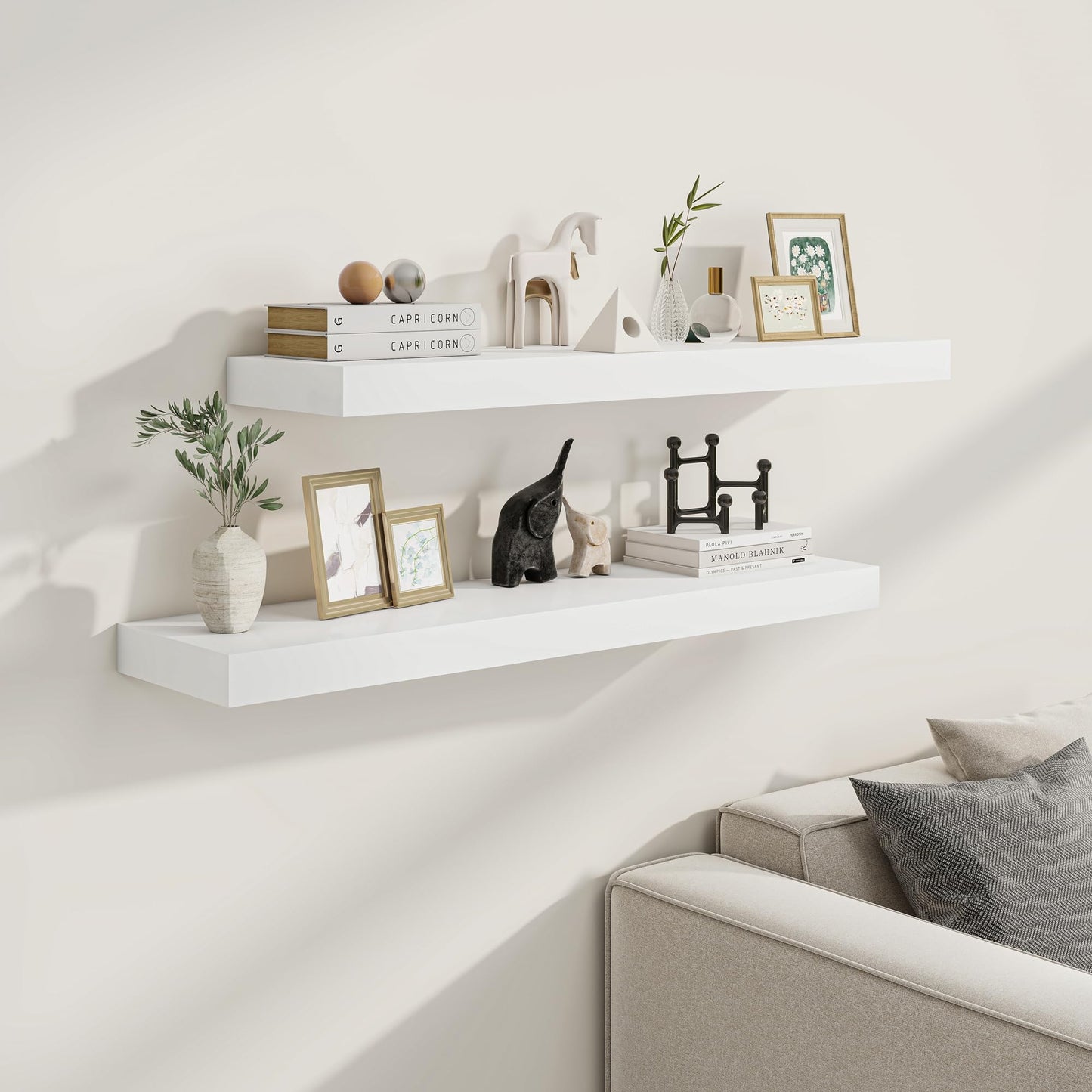 Fun Memories White Floating Shelves for Wall, 30 x 9 Inch Floating Shelf Set of 2, Rustic Natural Wood Wall Shelves, 9" Deep White Bathroom Shelves for Storage & Display