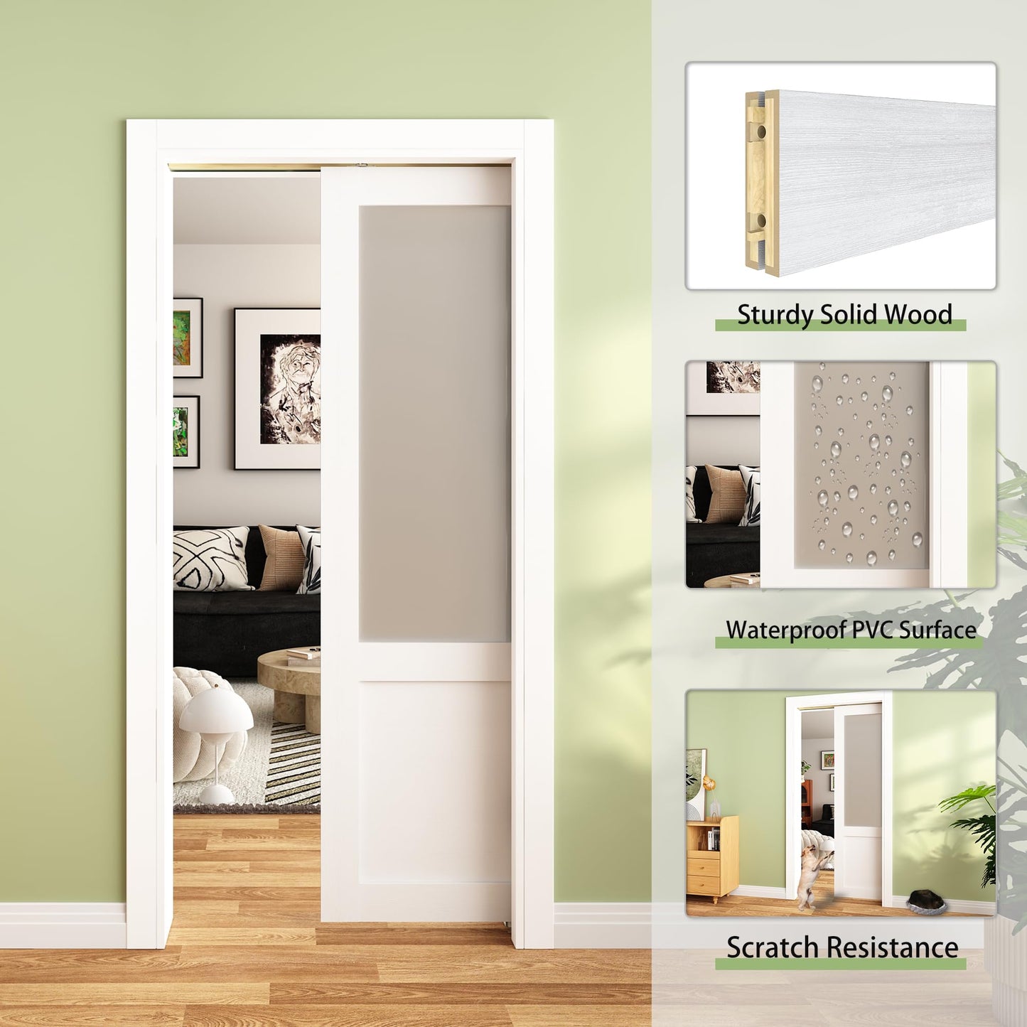 JUBEST Pocket Door 36"x80", 2-Panel Tempered Frosted Glass Sliding Pocket Door with Soft Close Hardware Kit, Sturdy Solid Wood & MDF with Water-Proof PVC Surface, White