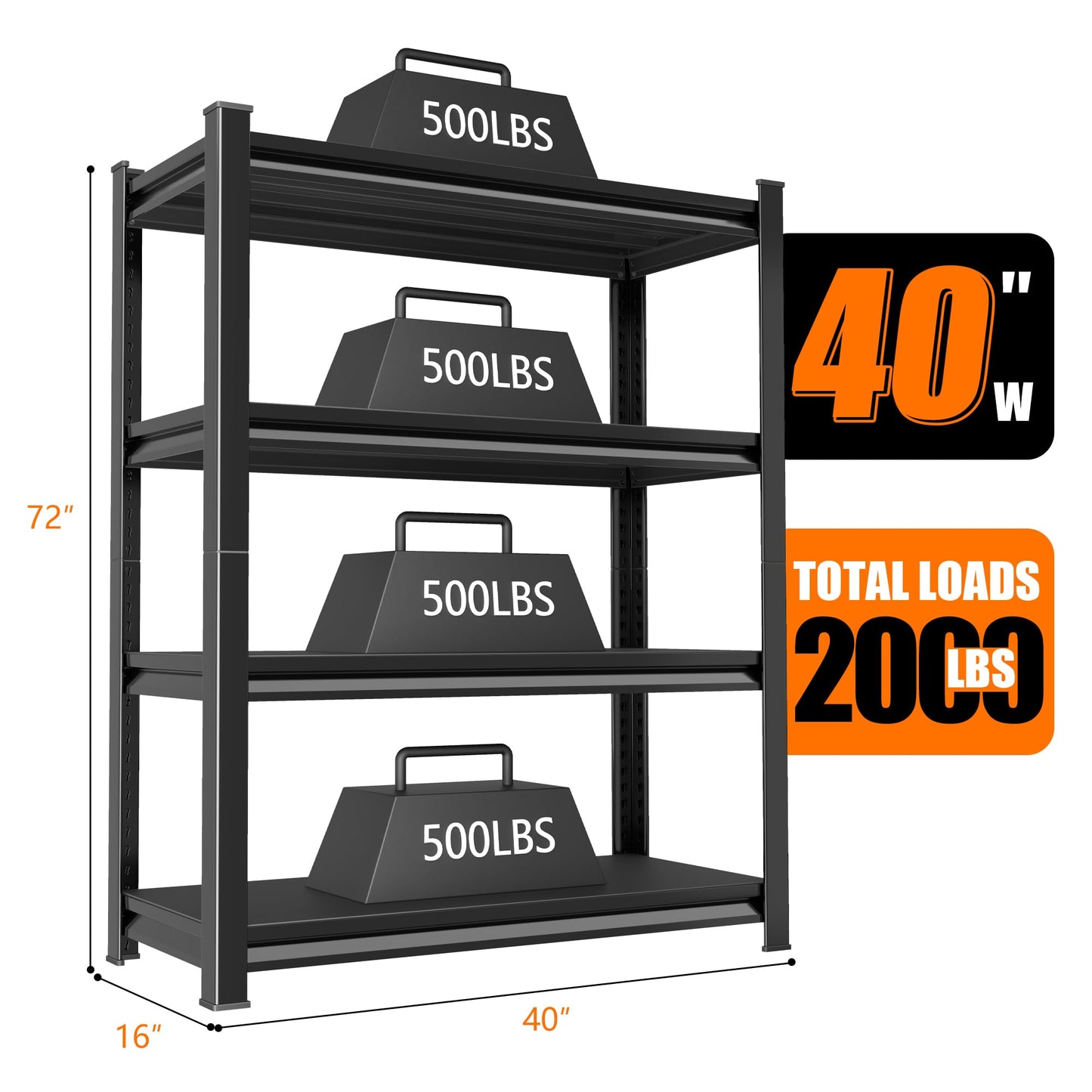 Rufokisa 40in Wide Garage Shelving Heavy Duty，2000lbs Large Loads Adjustable Garage Storage Shelves,All Metal Storage Racks and Utility Rack Shelves, 40”W x 16”D x 72”H (Black)