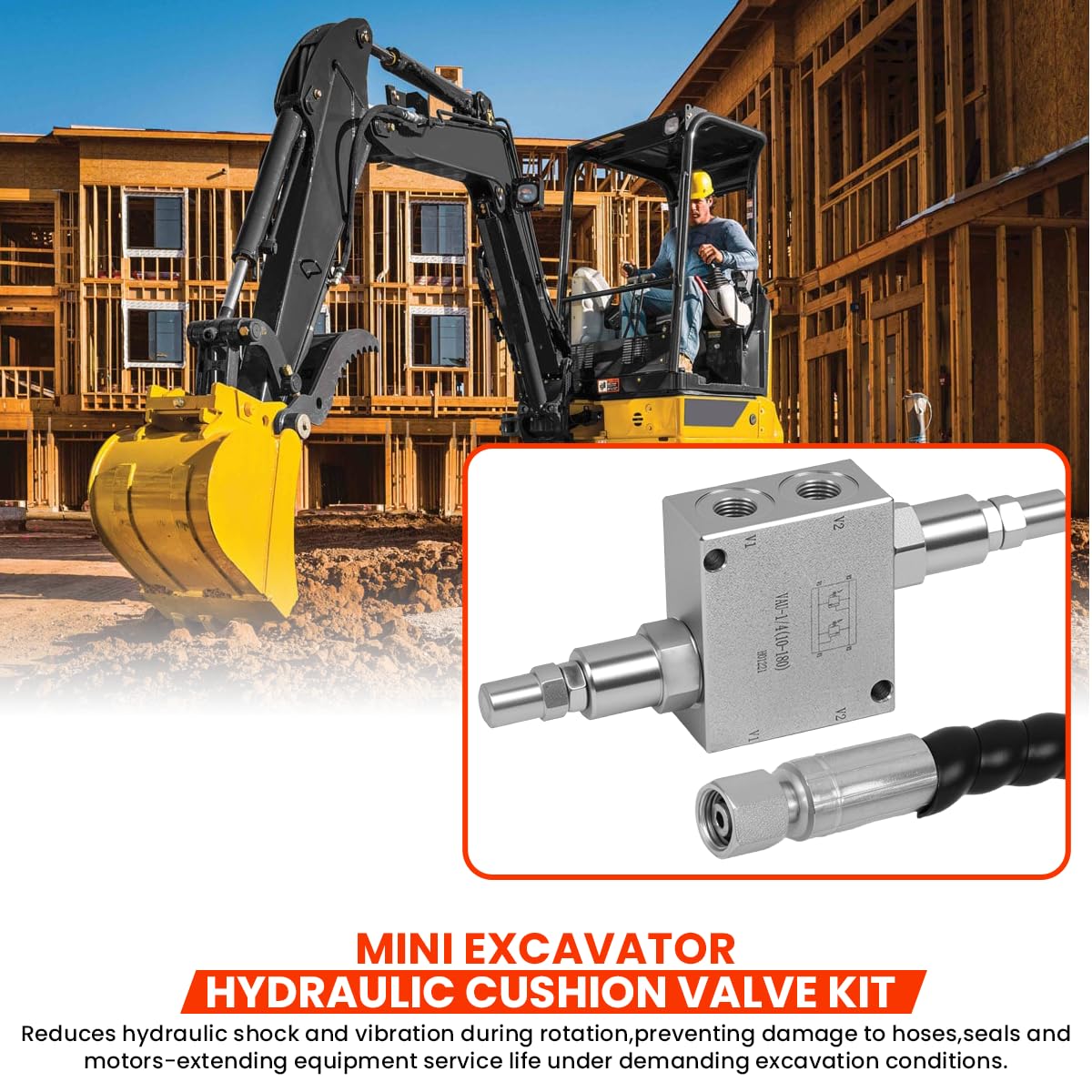 Mini Excavator Hydraulic Cushion Valve kit,1/4" Hydraulic Hoses and M14x1.5 Threaded Ends with Hydraulic Swivel Motor Buffer Dual Crossover Relief Cushion Valve