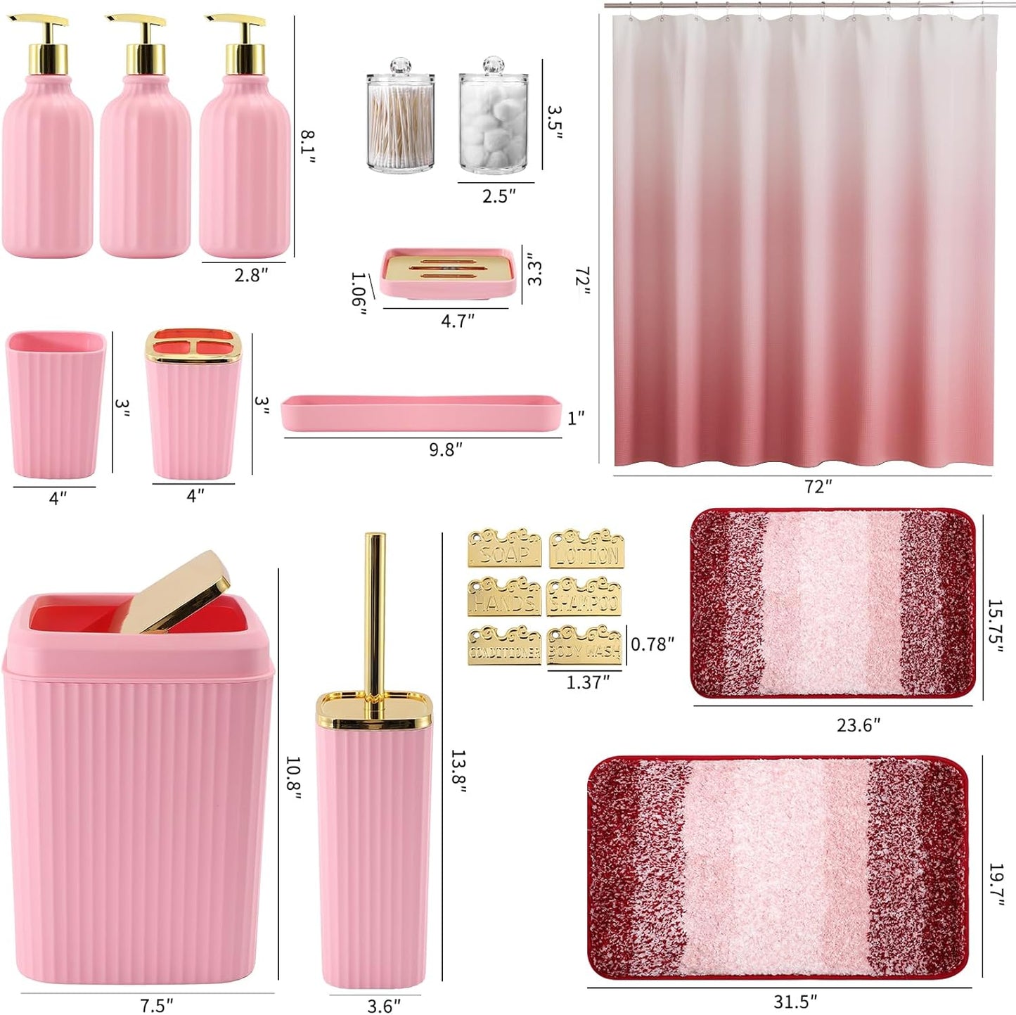 WSBArt 32PCS Bathroom Set - Pink Shower Curtain, Rugs & Trash Can - Complete Bathroom Accessories