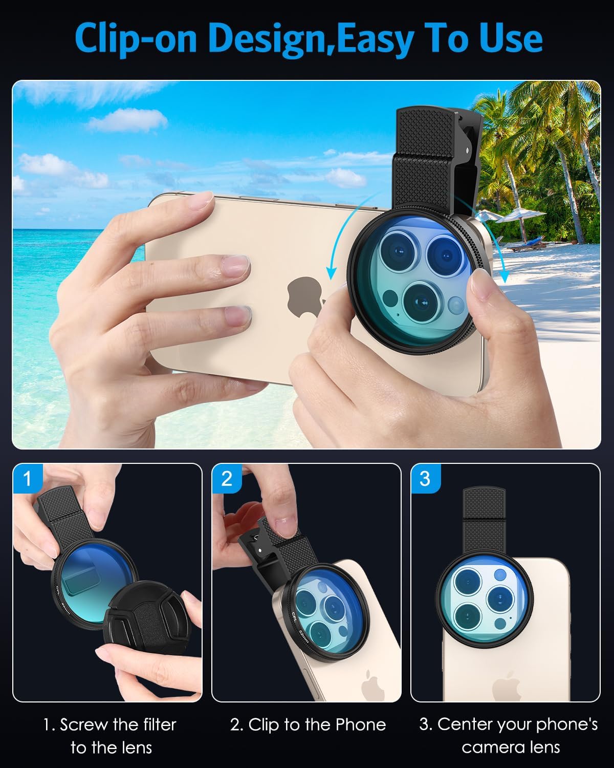 AMIR 52MM 17 16 15 14 13 12, Clip-on CPL Phone Camera Lens Filter, Circular Polarizer Filter, Phone Lens Filter Kit