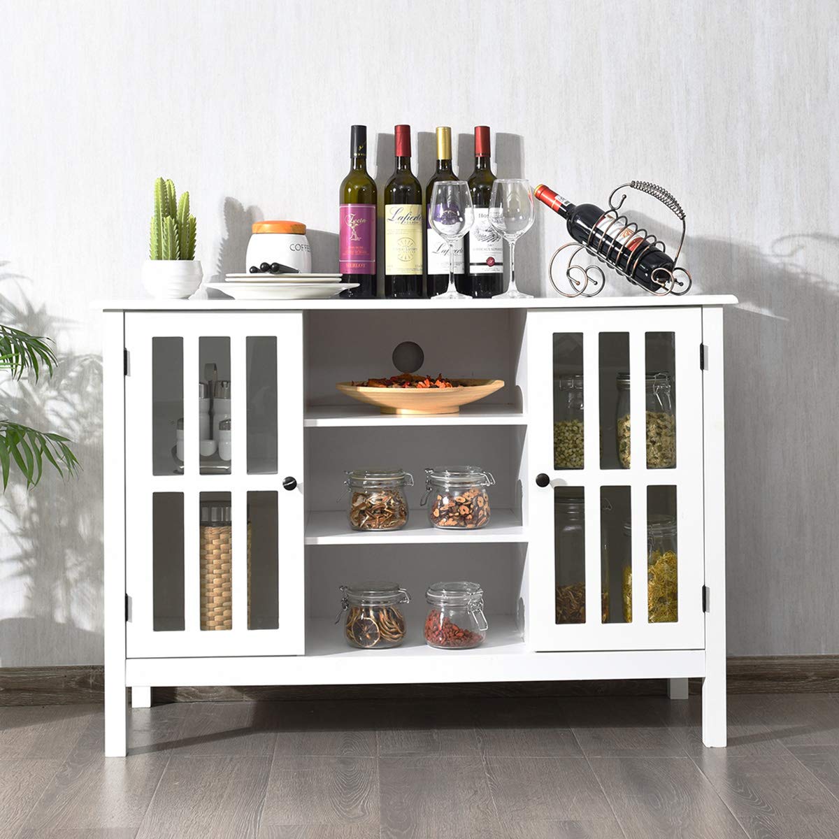 Tangkula White TV Stand, Modern Tall Entertainment Center for TVs up to 50", Media Console w/2 Storage Cabinets & 3 Open Shelves, Wire Hole, Wood TV Console Table for Living Room, White