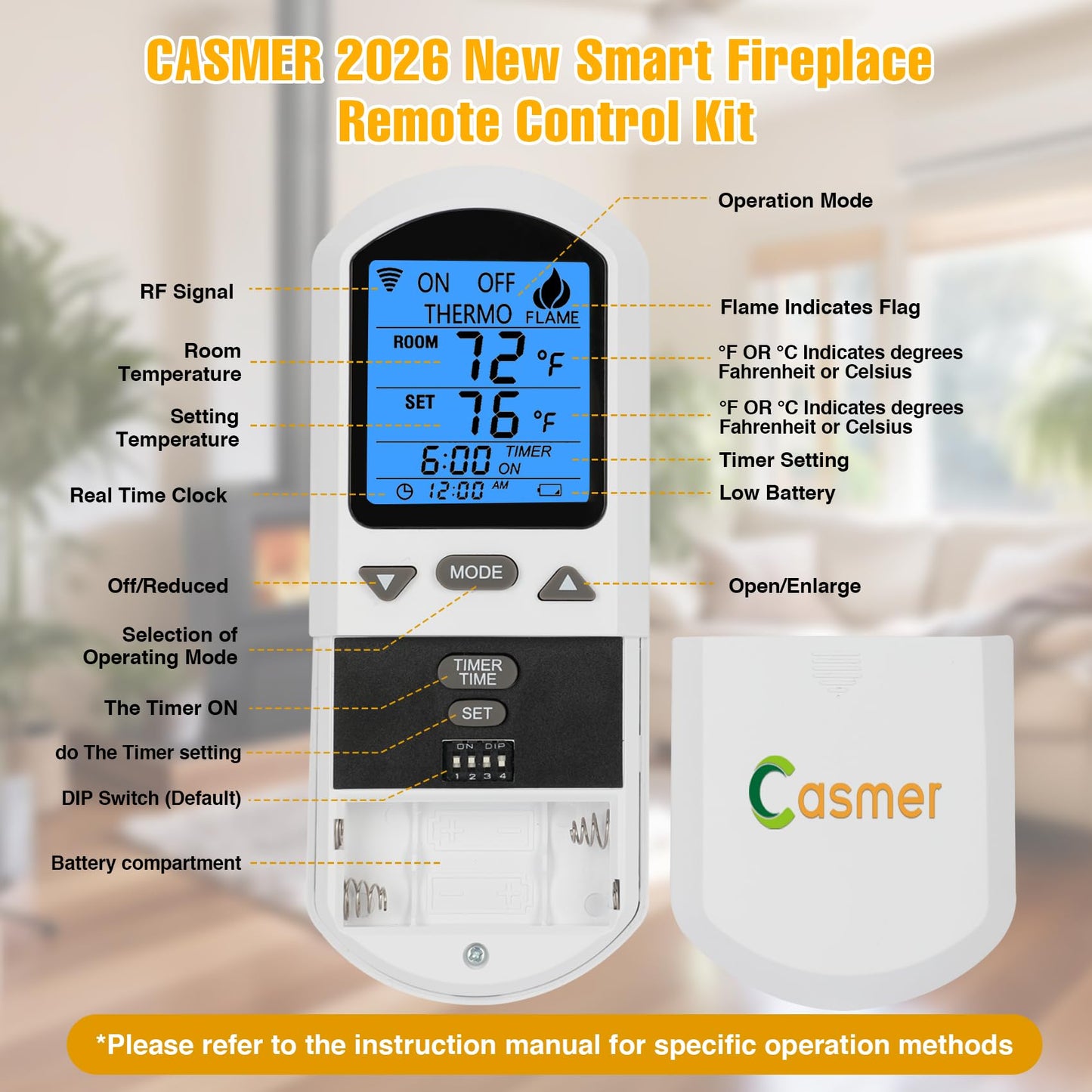 Universal Smart Fireplace Remote Control Kit, Fit skytech 1001-A,1001T/LCD-A,3301,3002,Smart-Batt, durablow TR1003, Acumen RCK, Backlit LCD Large Display, 9-Hour Countdown Timer, for Millivolt Valve