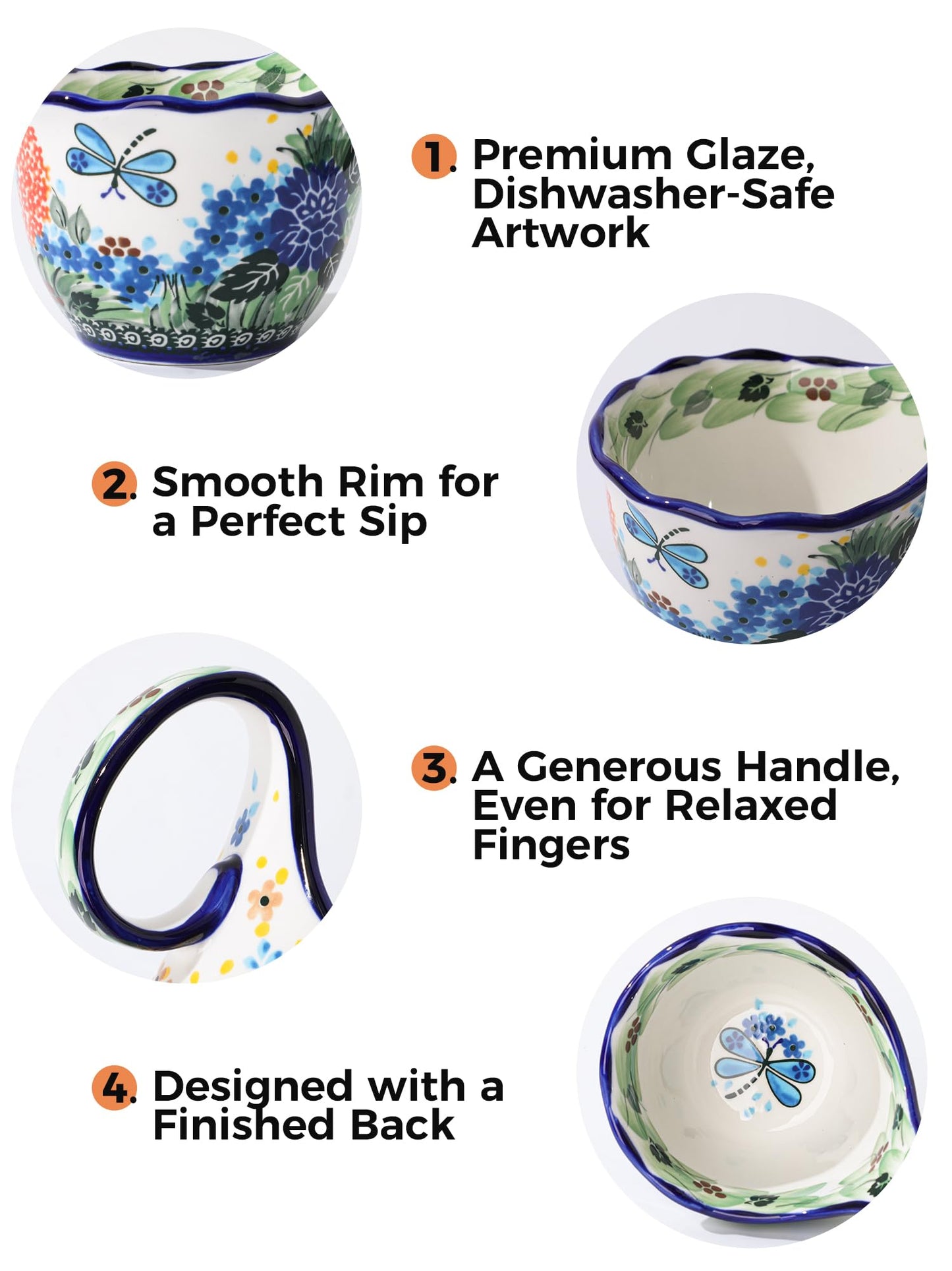 CKERAVOX Soup Bowl with Handle, Microwavable Ceramic Soup Mug with Bowl Snuggies, Handpainted Soup Cups for Stew, Fruits, Chili, Gift for Women Mother, Petite Floret