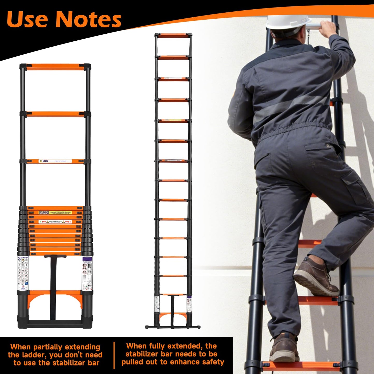 14.5FT Telescoping Extension Ladder for RV Attic Home, Multi-Purpose Collapsible Ladder with Non-Slip Feet, Lightweight Retractable Telescopic Ladder with 2 Triangle Stabilizers & Safety J-Hook