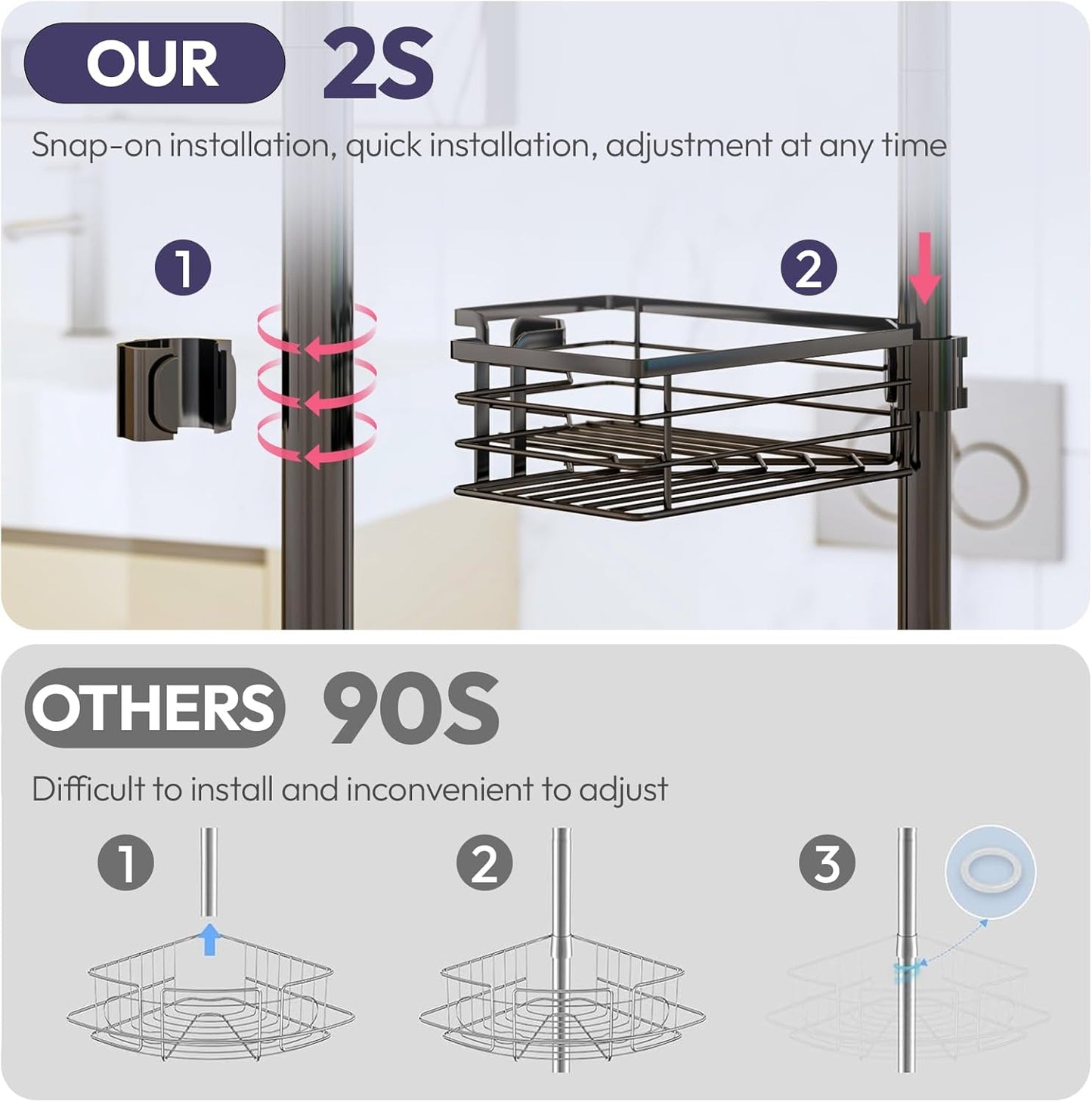SWTYMIKI Shower Caddy Tension Pole - 4-Tier Adjustable Bathroom Organizer with Soap Holder & Hooks | Black 27.6-108.3 Inch