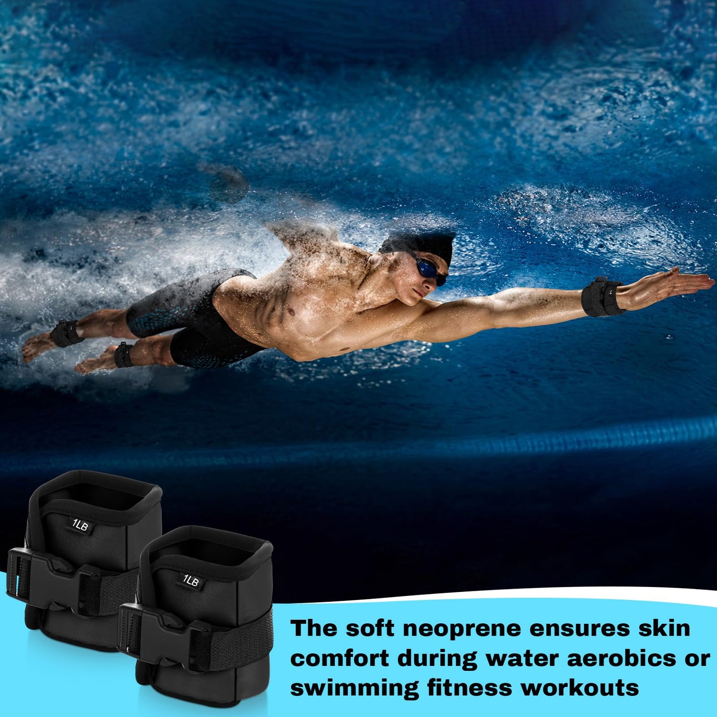 Hollowfly 2 Pairs Ankle Wrist Weights for Land or Aquatic Exercise Aqua Cuffs Aqua Aerobics Fitness Bands for Ankle and Wrist Adjustable Weights for Swimming Pool Workout Equipment(Black,1lb)