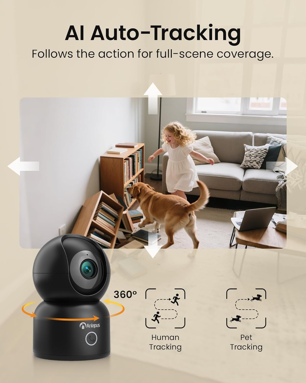 Anlapus A50 4K 2.4/5 64G Pan/Tilt Home Indoor Security Camera, Plug-in WiFi Pet/Baby Monitor with One-Touch Call, AI