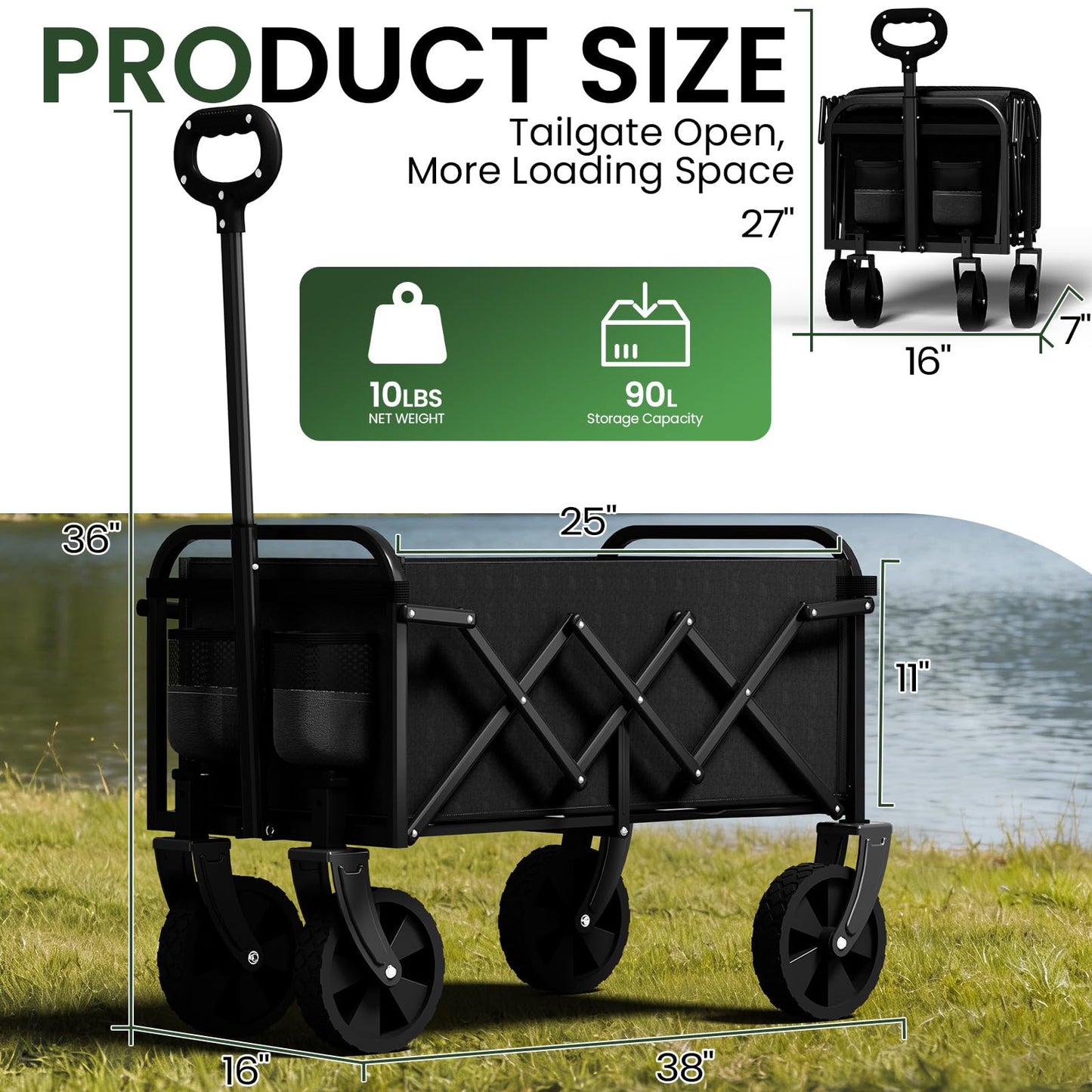 Foldable Wagon, Collapsible Wagon with Wheels, Small Wagons Cart with Flexible Handle, Portable Grocery Utility Wagons for Camping, Garden, Sports, Black