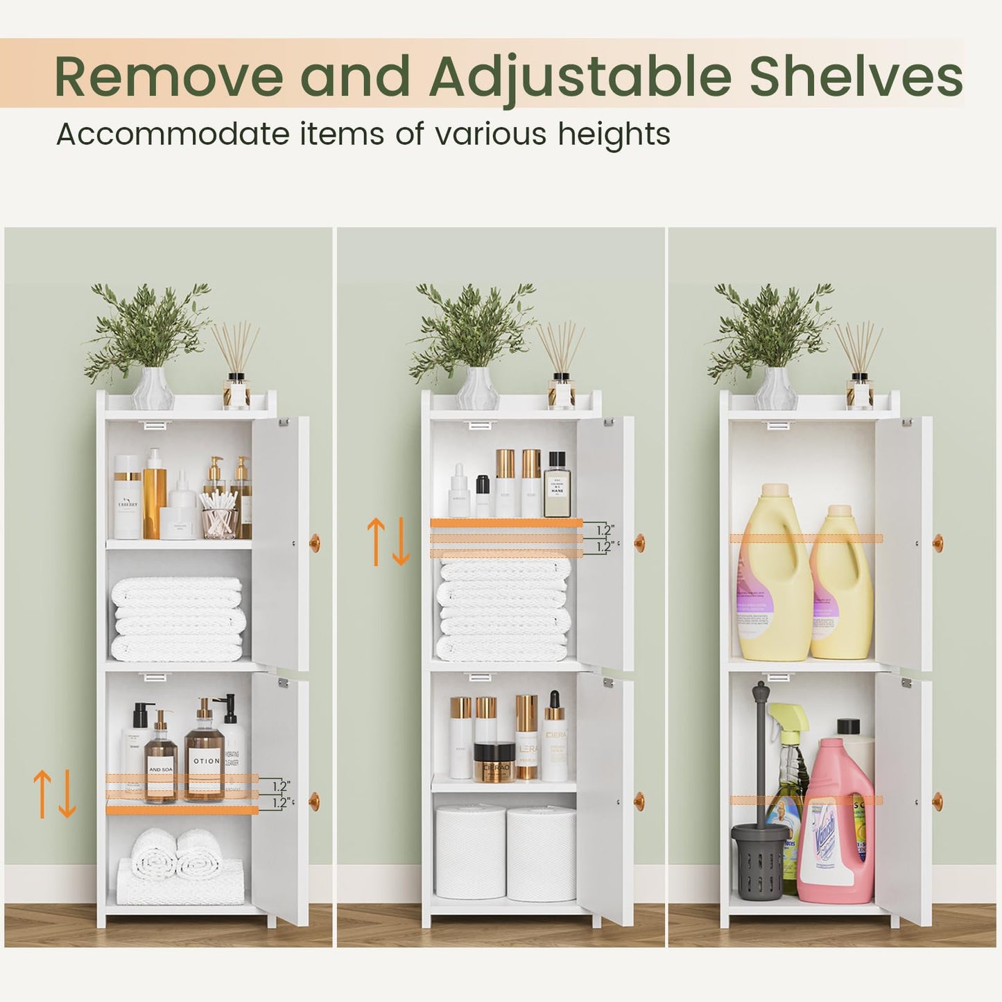Snughome Bathroom Storage Cabinet, Small Bathroom Cabinet with 2 Doors & Adjustable Shelf, Narrow Toilet Paper Cabinet for Small Spaces, White, 7.9" D x 9.8" W x 29.5" H