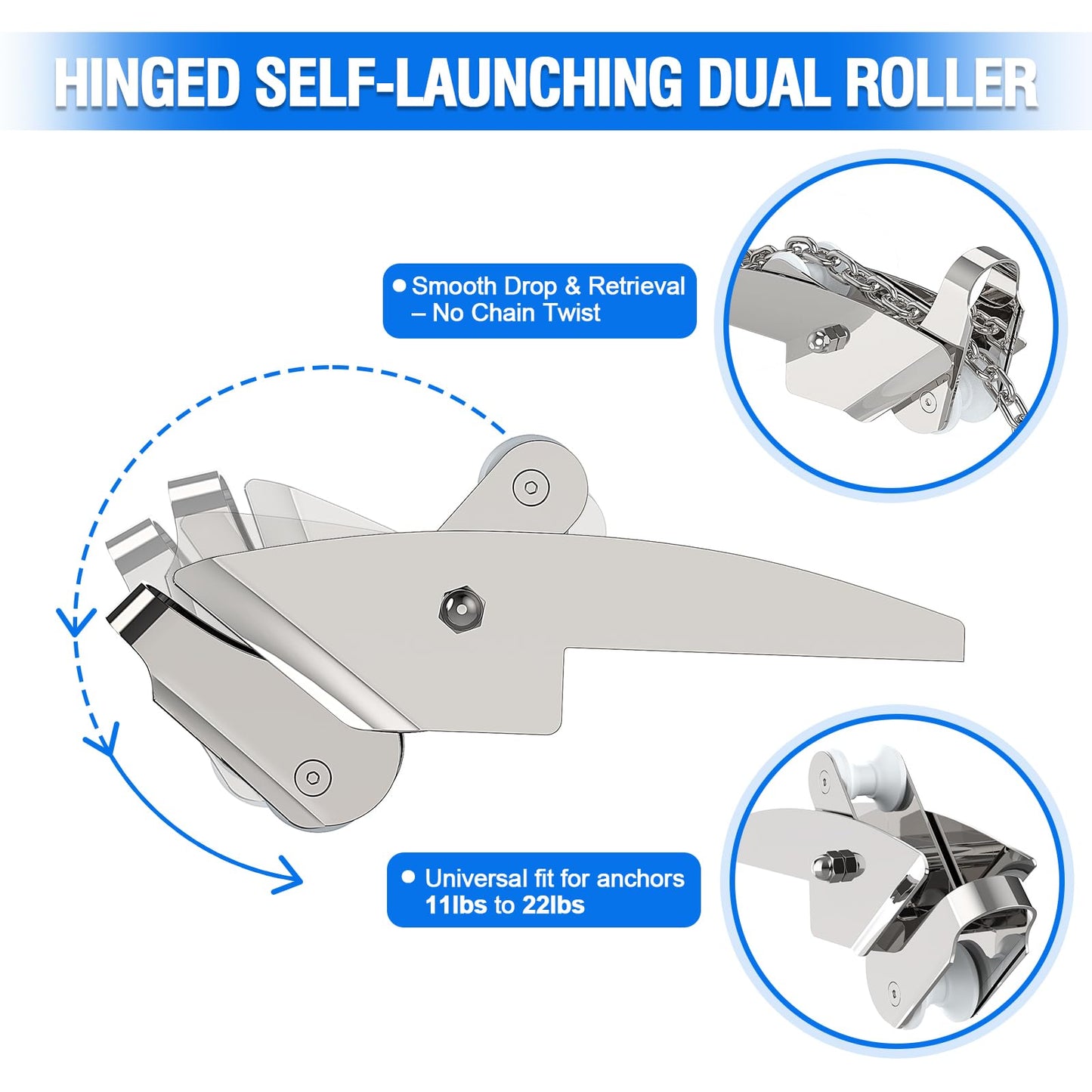 FUCNEN Bow Anchor Roller with Anchor Lock Marine Grade 316 Stainless Steel Hinged Self-Launching Double Bow Roller, 16.5'' for Marine Boat Yacht Kayak Anchoring System&Chain Lock Stopper Bracket