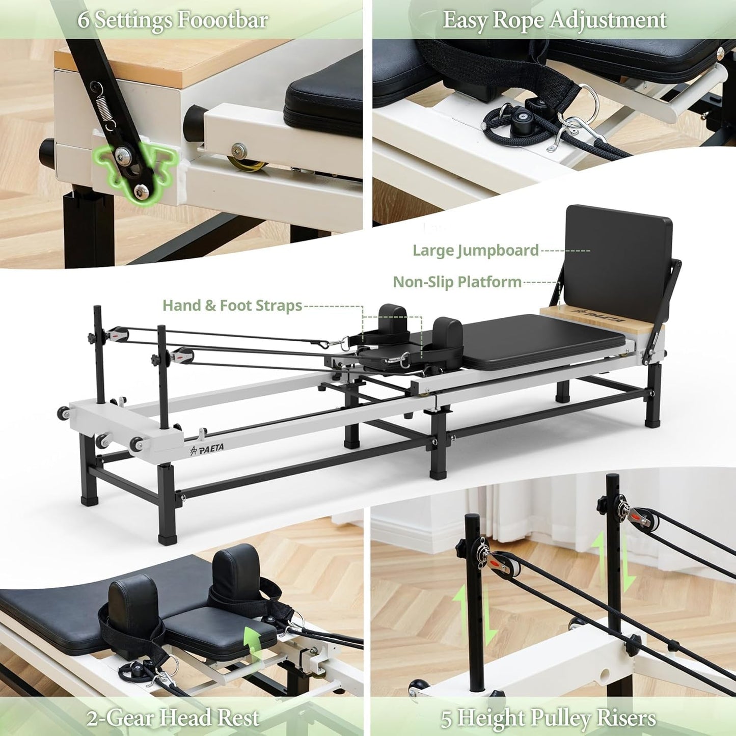 PAETA Pilates Reformer, 91" Foldable Reformer Pilates Machine with Adjustable Reformer Heights, Pilates Equipment with Piano Wire Spings and Jump Boards(Black Reformer with Box