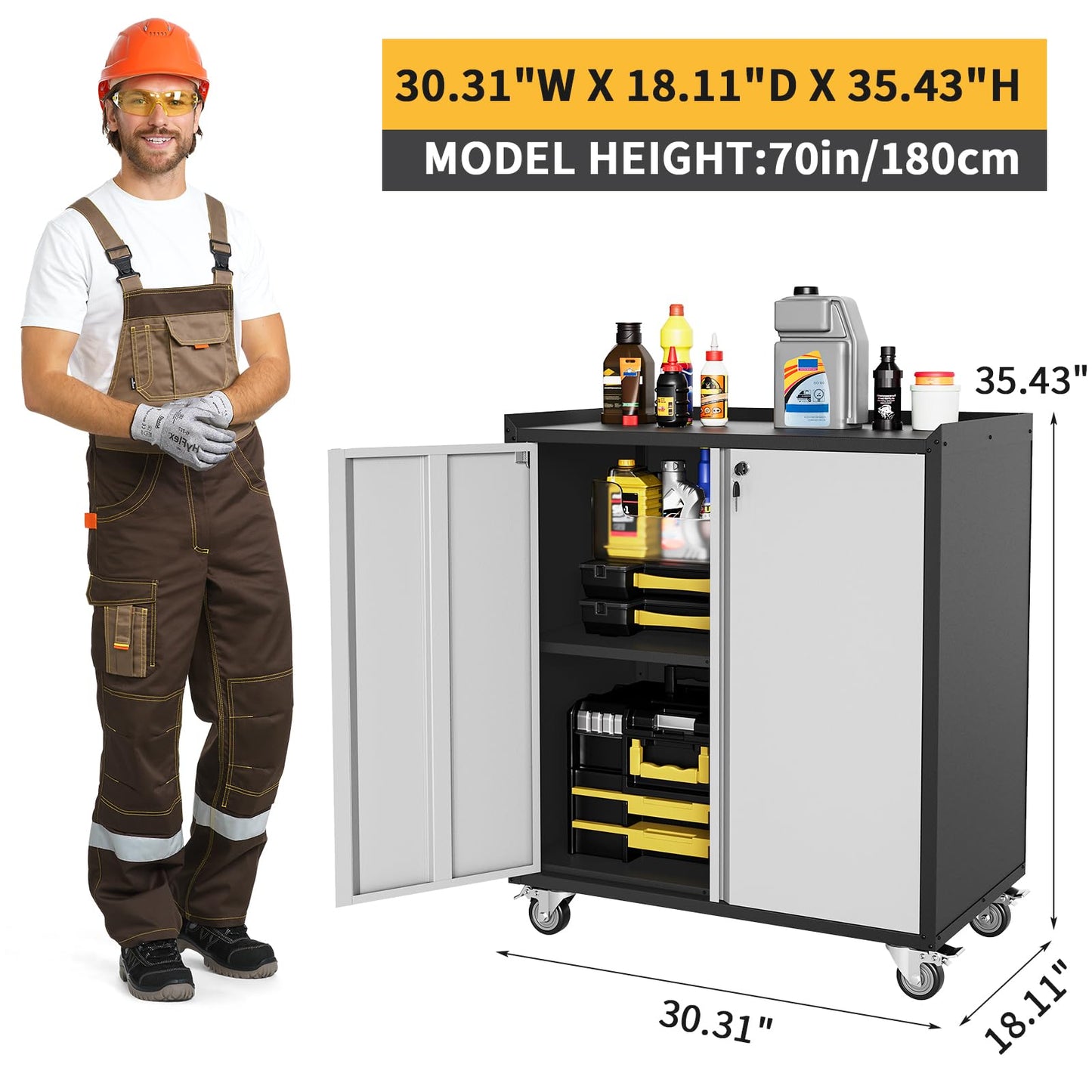 ExploreHorizon 35.43" High Heavy Duty Garage Storage Cabinet, Locking Metal Cabinet with Door, Rolling Tools Chest Cart Adjustable Shelf, Tool Cabinets for Home Office Workshop