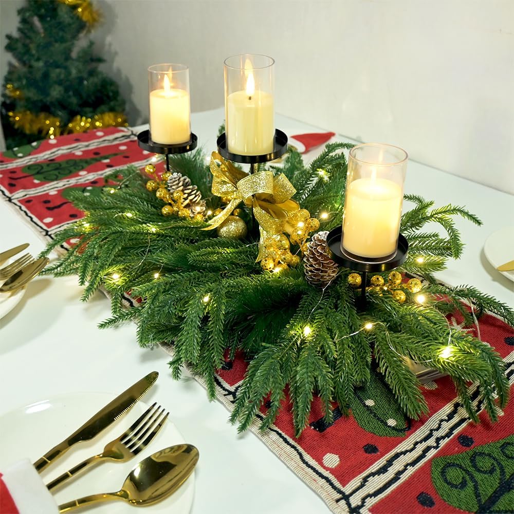 Skiennix Christmas Centerpiece - Elegant Candle Holders with Golden Glitter Bow & Pine Cones | 27.6" Table Decoration