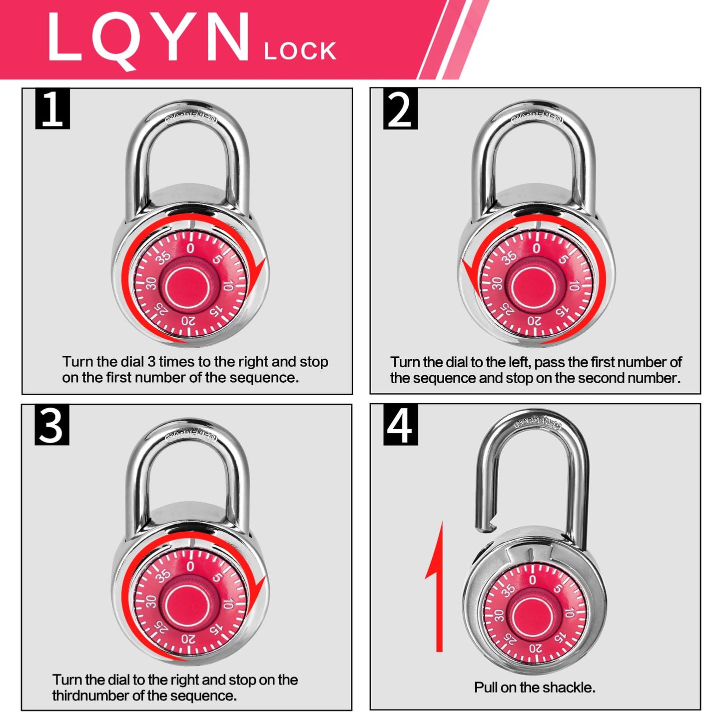 Combination Lock, LQYN Standard Dial Combination Lock, Pack of 8; Red Turnplate, 2 in. Wide, Fixed Three Digital Combination, for School, Gym & Locker, Toolbox, Gate