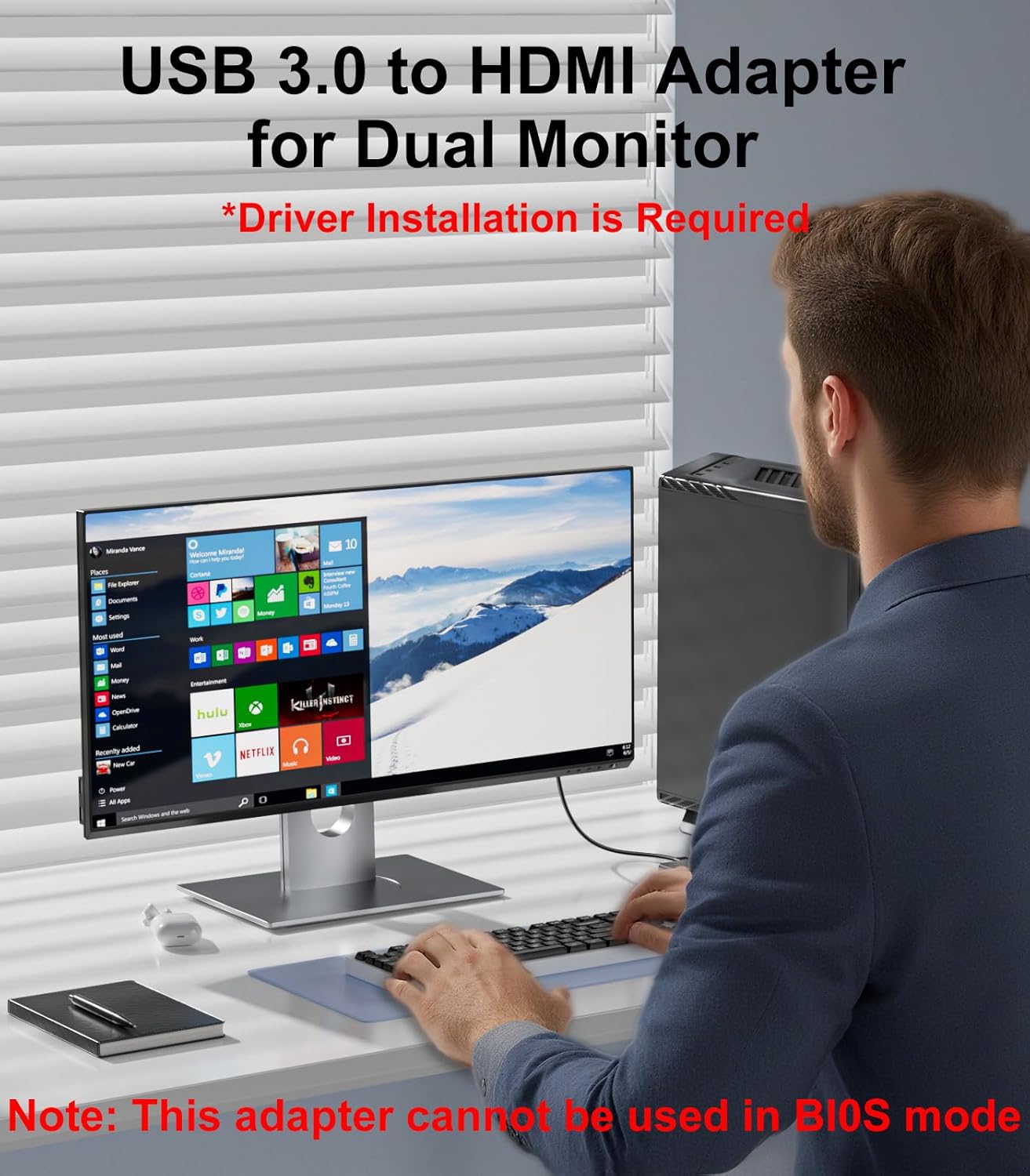 THANDBLE 1080P 60Hz, 3.0 7/8/10/11 USB to Dual HDMI Adapter USB A to HDMI Adapter for Laptop, PC, Desktop, Compatible