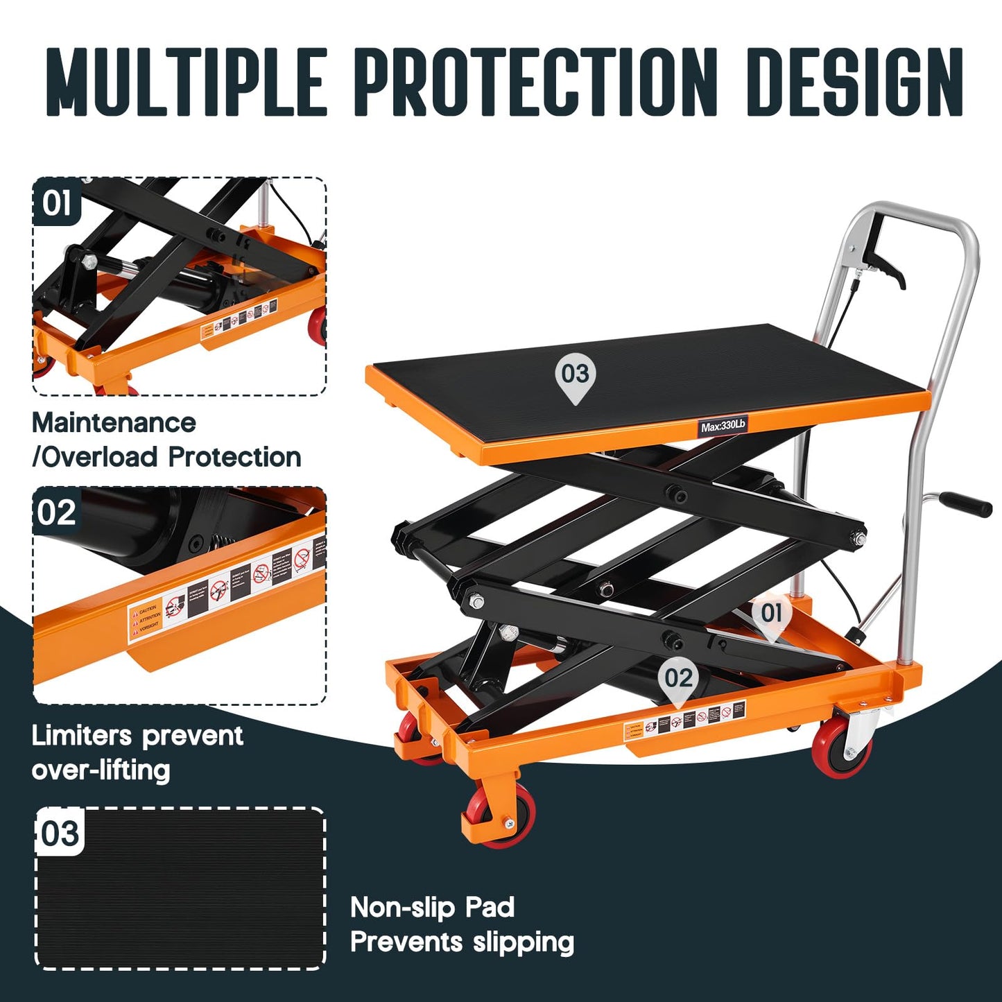 Specraft 330 lbs Hydraulic Lift Cart, Double Scissor Lift Table Up to 50", 4-Wheel Material Handling Platform with Non-Slip Pad, Orange