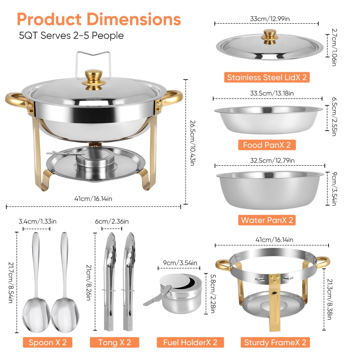 Chafing Dishes for Buffet 2 Pack, 5QT Round Chafing Dish Buffet Set [Elegant Gold and Silver Colors] Stainless Steel Buffet Food Warmers Sets for Catering Events Home Parties Dinners with Complete Set