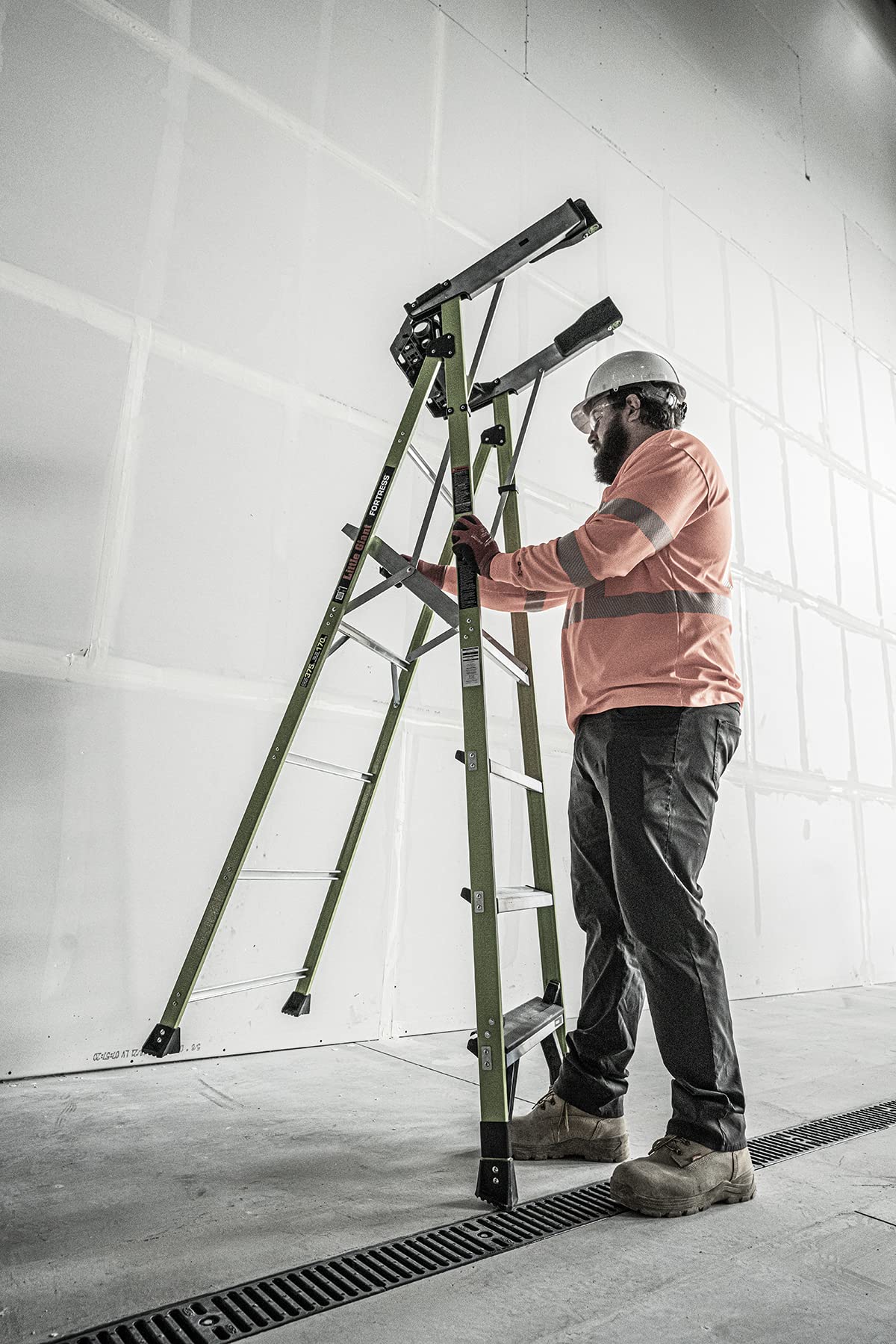 Fortress, 4' Model - ANSI Type IAA - 375 lb Rated, Fiberglass Platform Ladder with Ground CUE, Wraparound Enclosure, and Auto-Closing Gate