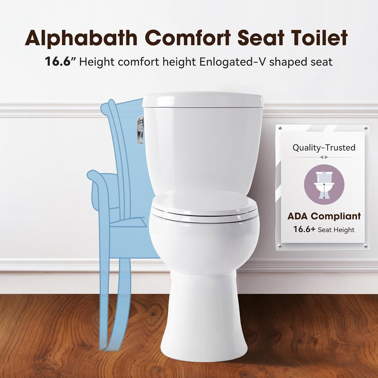 Alphabath Elongated Two Piece Toilet for Bathrooms, 17" ADA Comfort Height Toilets, 1.01 GPF Powerful Single Flush, Nano Self-Cleaning Glaze, Easy to Clean and Install, MAP1000g, 12" Rough-In